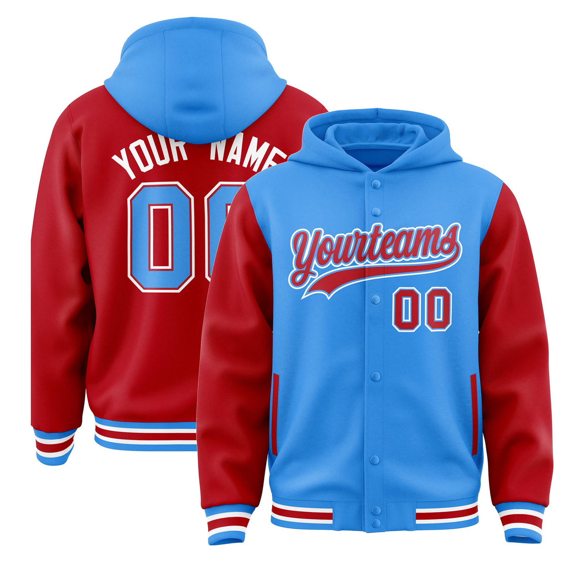 Custom Powder Blue Red Raglan Sleeves Varsity Full-Snap Letterman Two Tone Jacket Hoodie| KXKSHOP