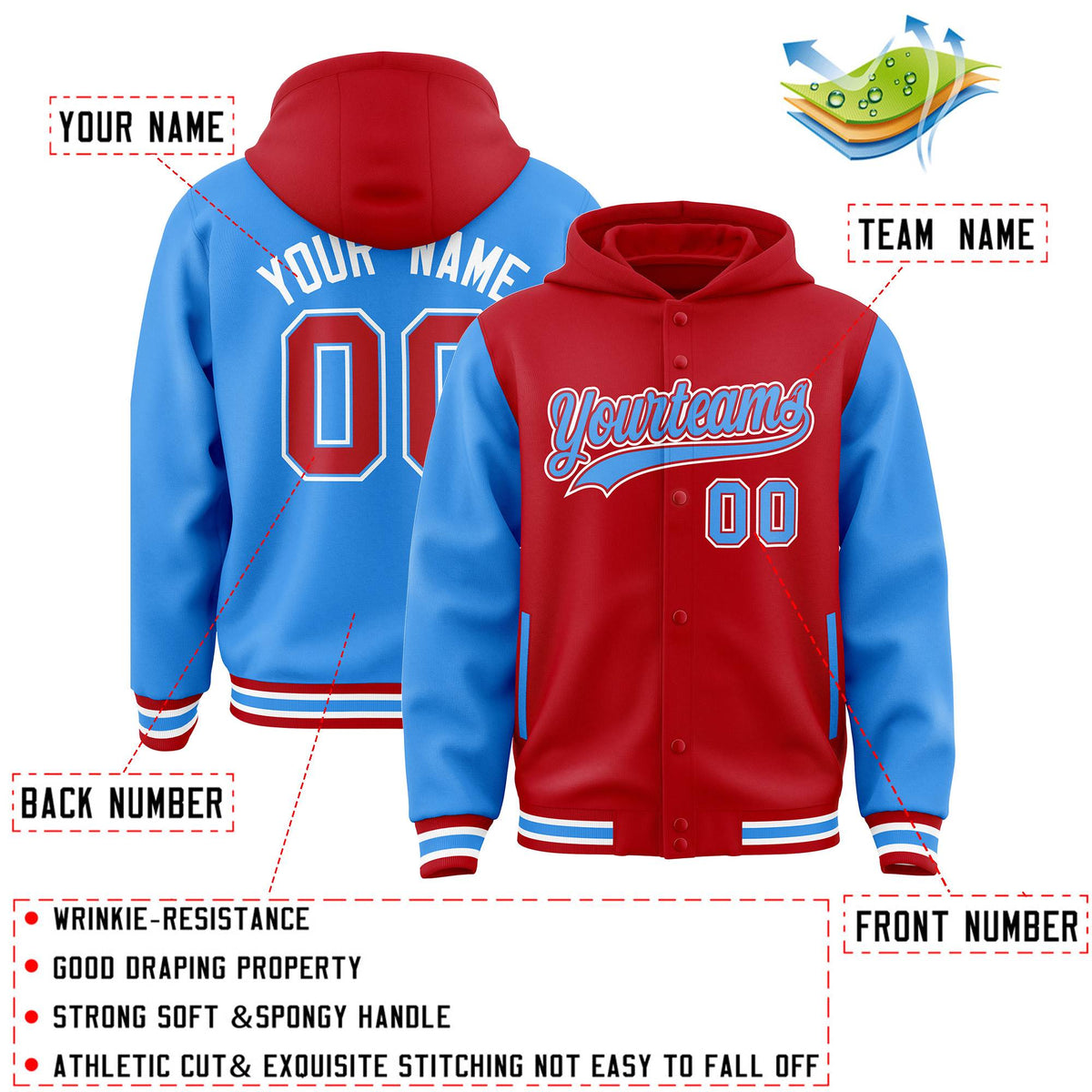 Custom Red Powder Blue Raglan Sleeves Varsity Full-Snap Letterman Two Tone Jacket Hoodie| KXKSHOP