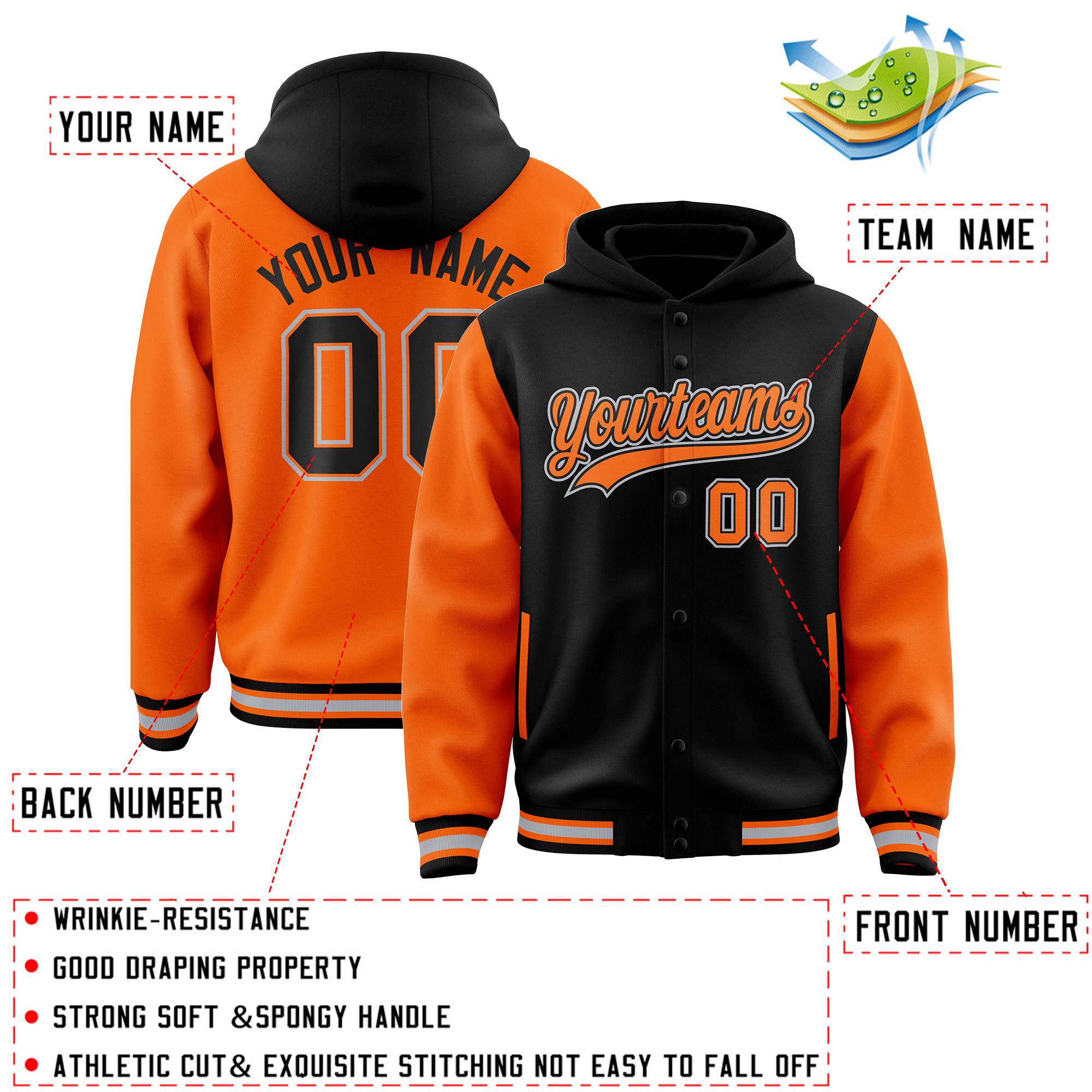 Custom Black Orange Raglan Sleeves Varsity Full-Snap Letterman Two Tone Jacket Hoodie| KXKSHOP