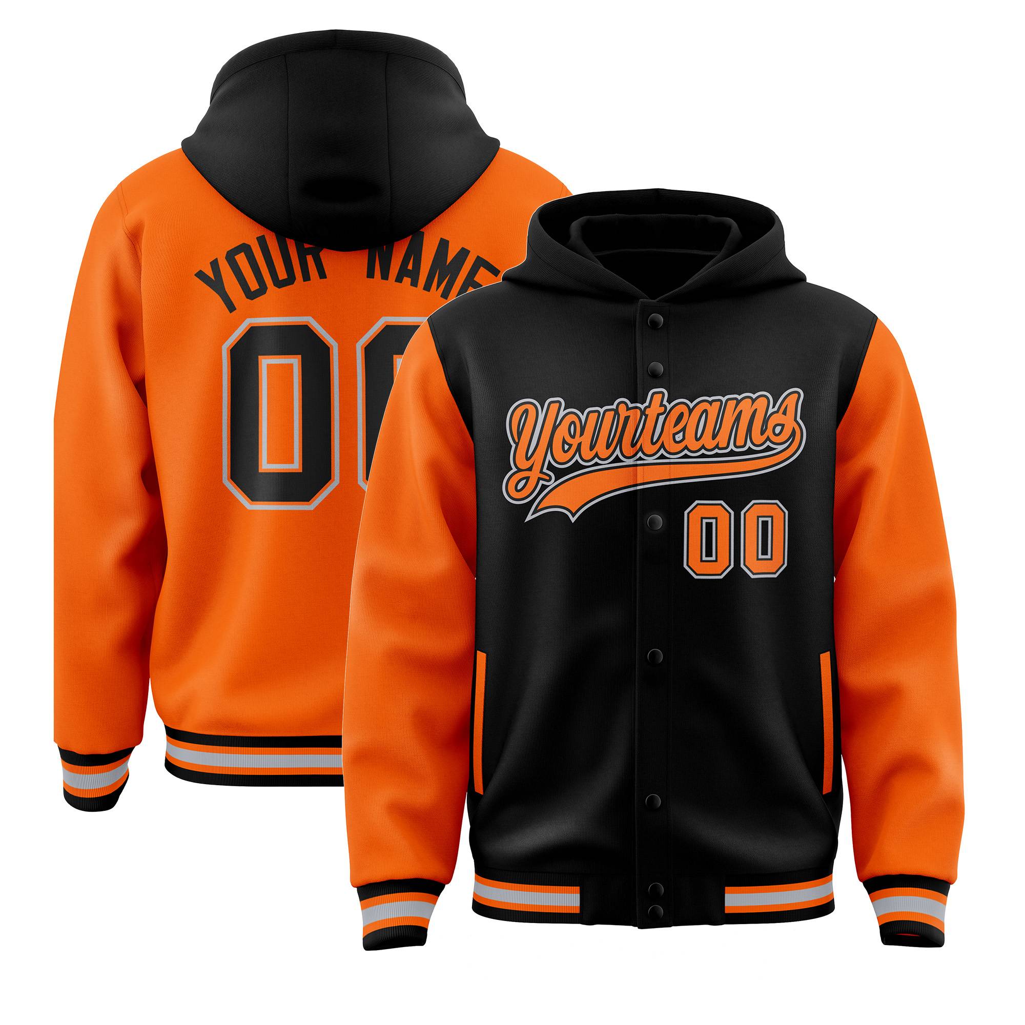 Custom Black Orange Raglan Sleeves Varsity Full-Snap Letterman Two Tone Jacket Hoodie| KXKSHOP
