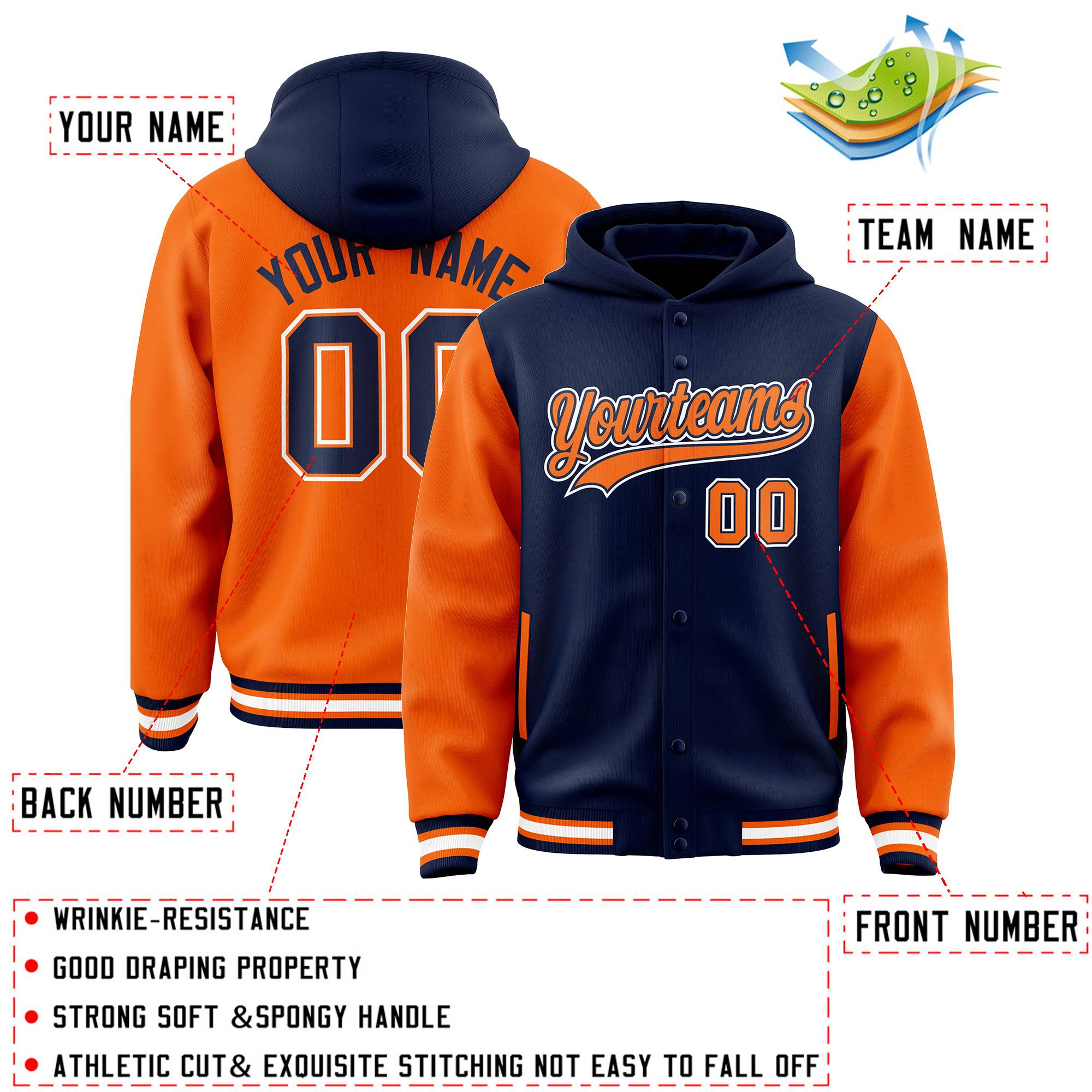Custom Navy Orange Raglan Sleeves Varsity Full-Snap Letterman Two Tone Jacket Hoodie| KXKSHOP
