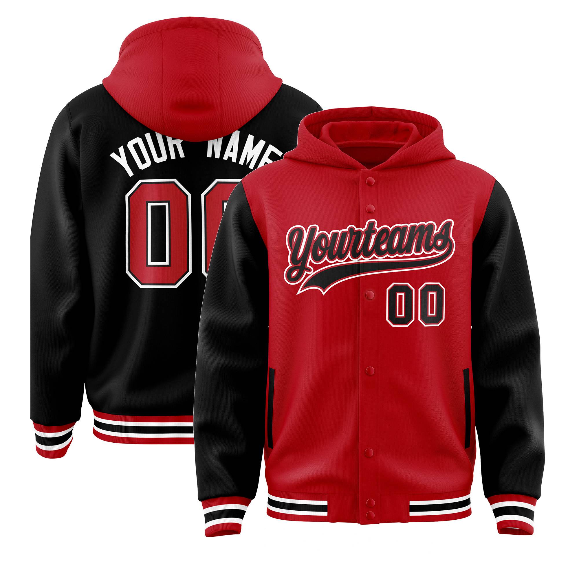 Custom Red Black Raglan Sleeves Varsity Full-Snap Letterman Two Tone Jacket Hoodie| KXKSHOP