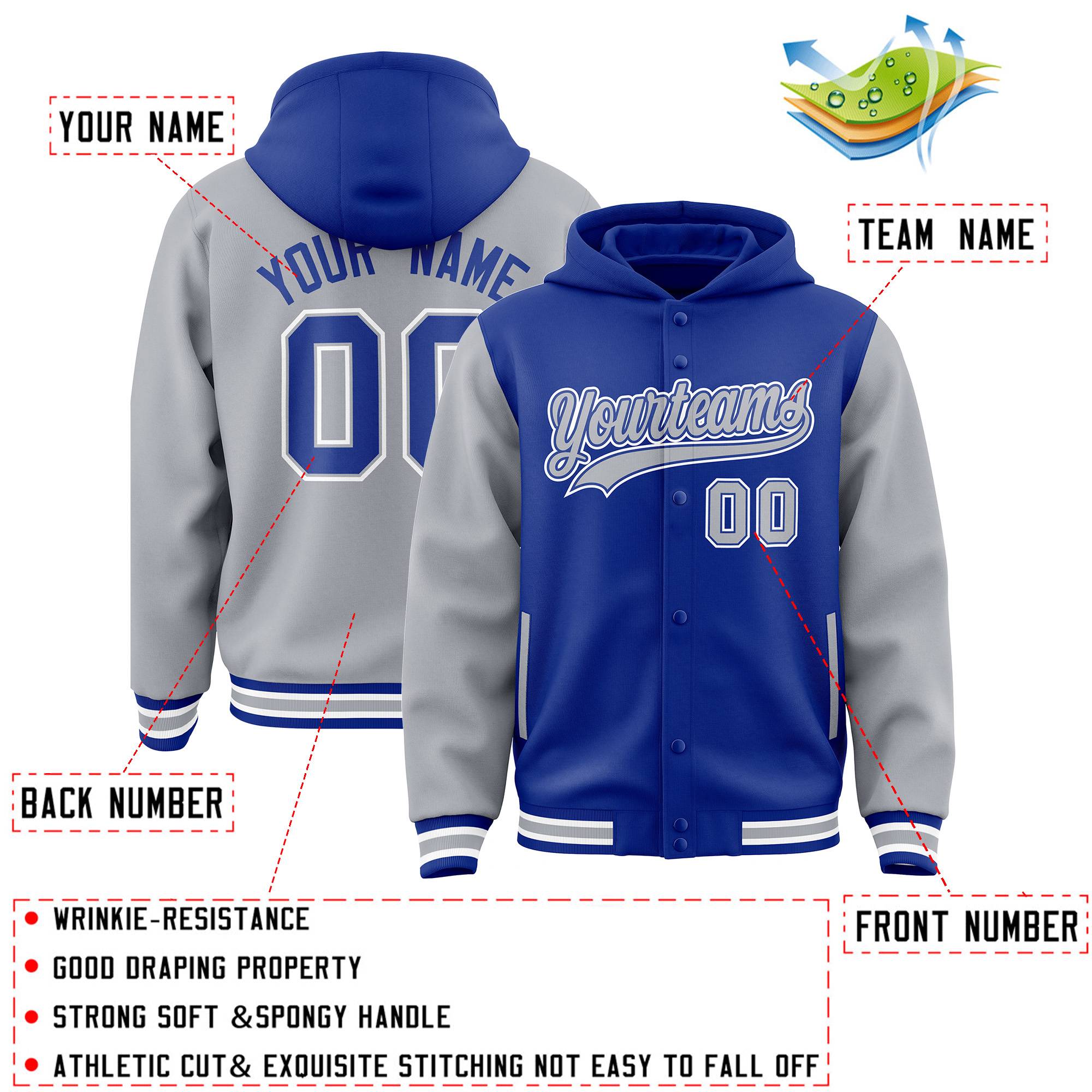 Custom Royal Gray Raglan Sleeves Varsity Full-Snap Letterman Two Tone Jacket Hoodie| KXKSHOP