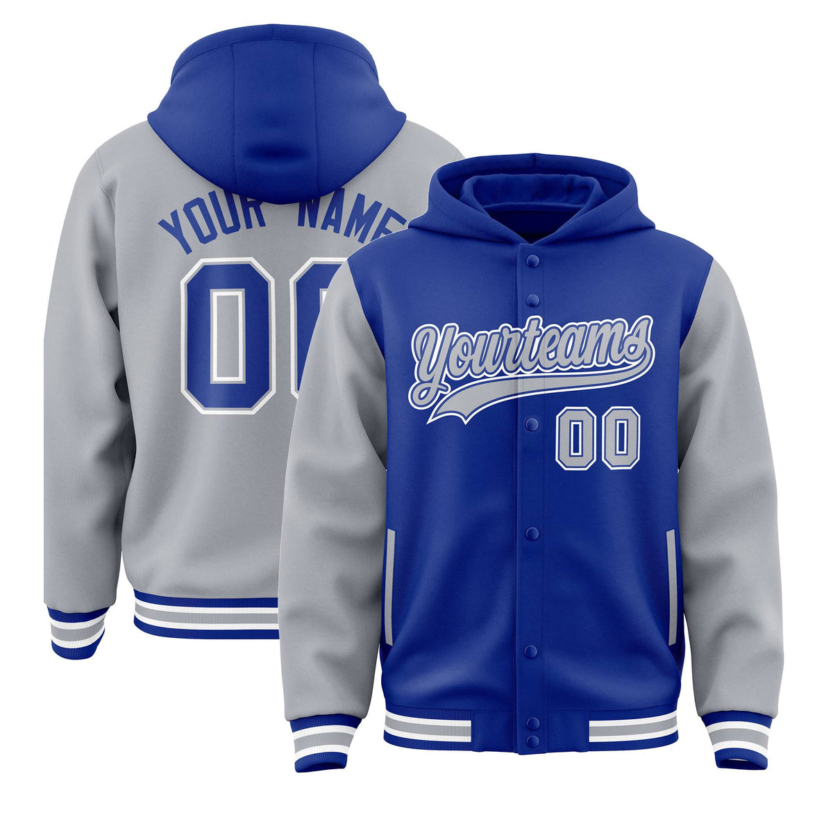 Custom Royal Gray Raglan Sleeves Varsity Full-Snap Letterman Two Tone Jacket Hoodie| KXKSHOP