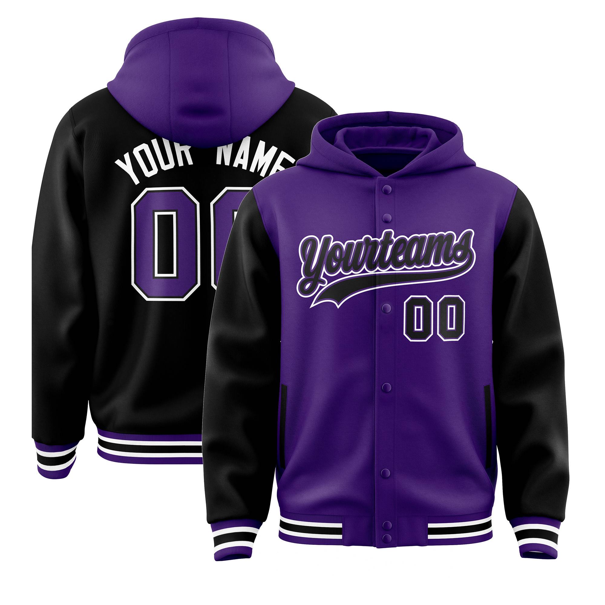 Custom Purple Black Raglan Sleeves Varsity Full-Snap Letterman Two Tone Jacket Hoodie| KXKSHOP