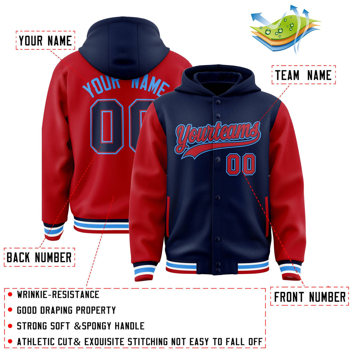Custom Navy Red Raglan Sleeves Varsity Full-Snap Letterman Two Tone Jacket Hoodie| KXKSHOP