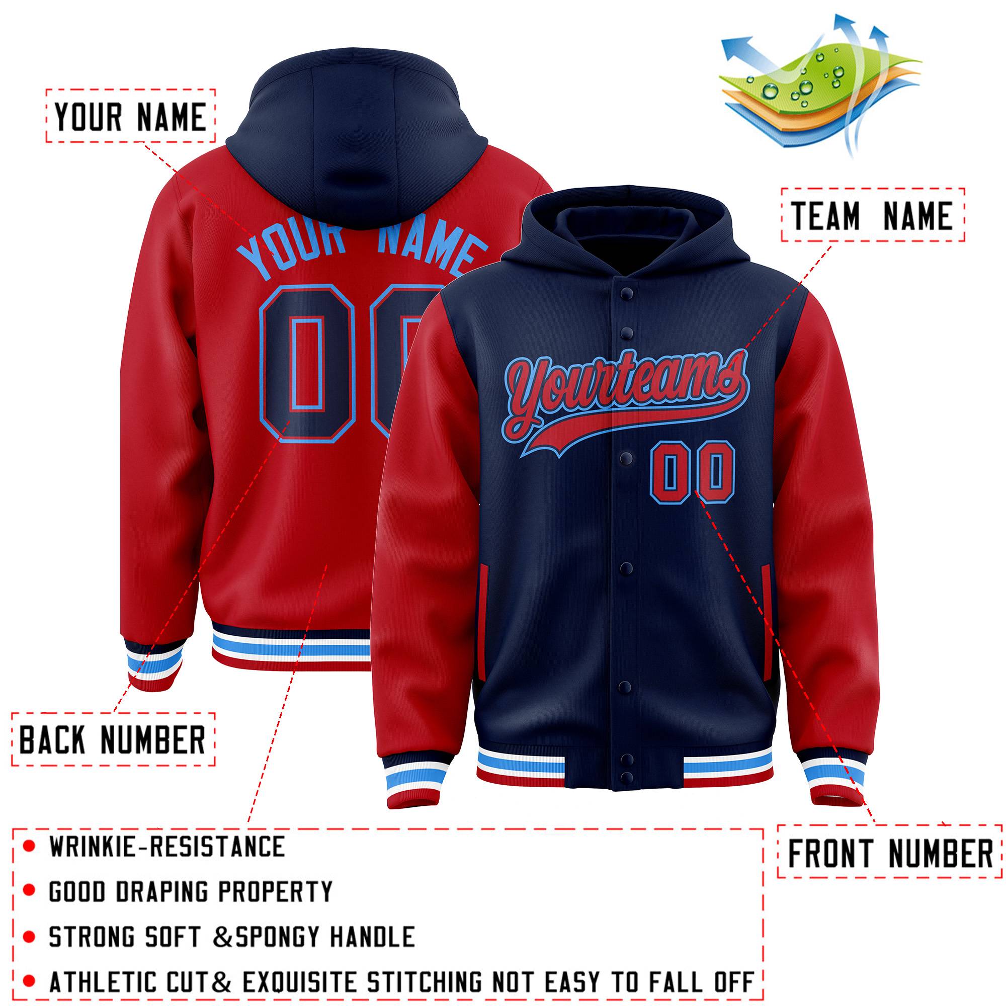 Custom Navy Red Raglan Sleeves Varsity Full-Snap Letterman Two Tone Jacket Hoodie| KXKSHOP