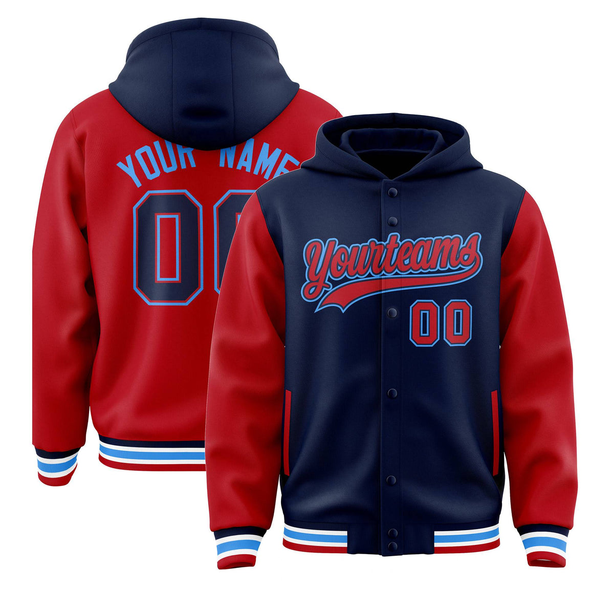 Custom Navy Red Raglan Sleeves Varsity Full-Snap Letterman Two Tone Jacket Hoodie| KXKSHOP