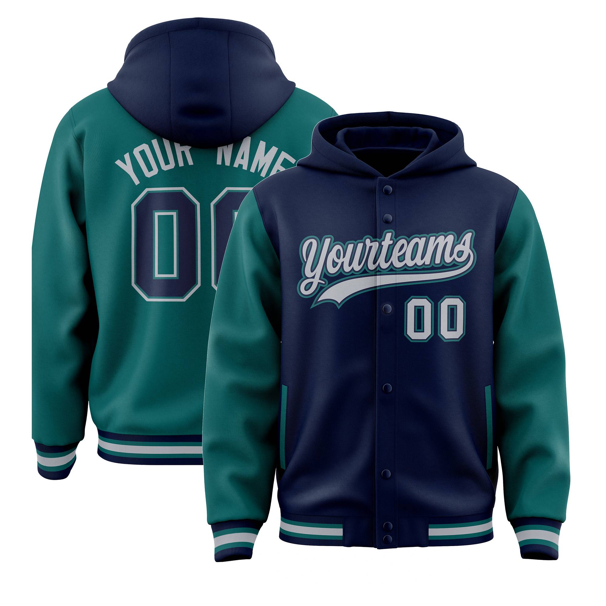 Custom Navy Aqua Raglan Sleeves Varsity Full-Snap Letterman Two Tone Jacket Hoodie| KXKSHOP