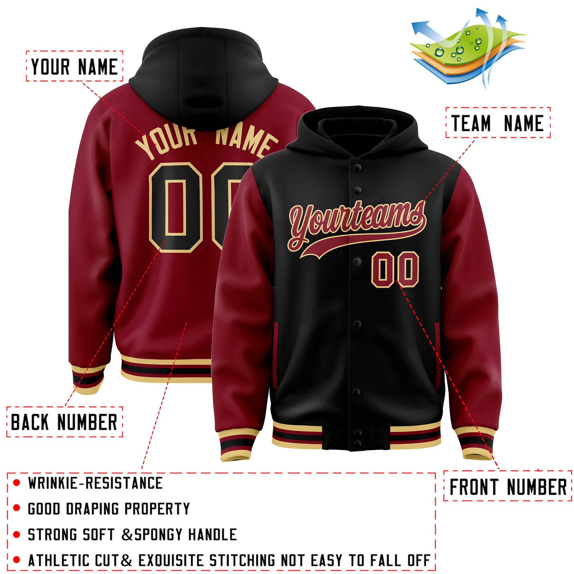 Custom Khaki Crimson Raglan Sleeves Varsity Full-Snap Letterman Two Tone Jacket Hoodie| KXKSHOP