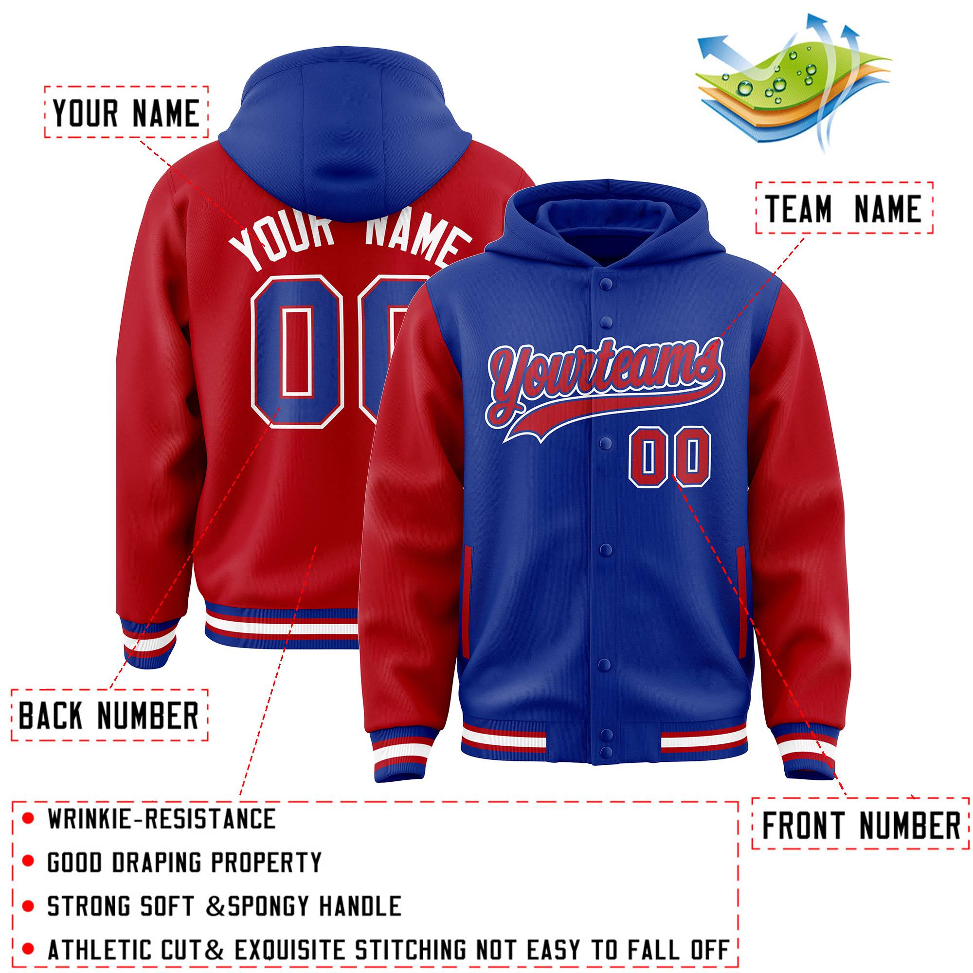 Custom Royal Red Raglan Sleeves Varsity Full-Snap Letterman Two Tone Jacket Hoodie| KXKSHOP