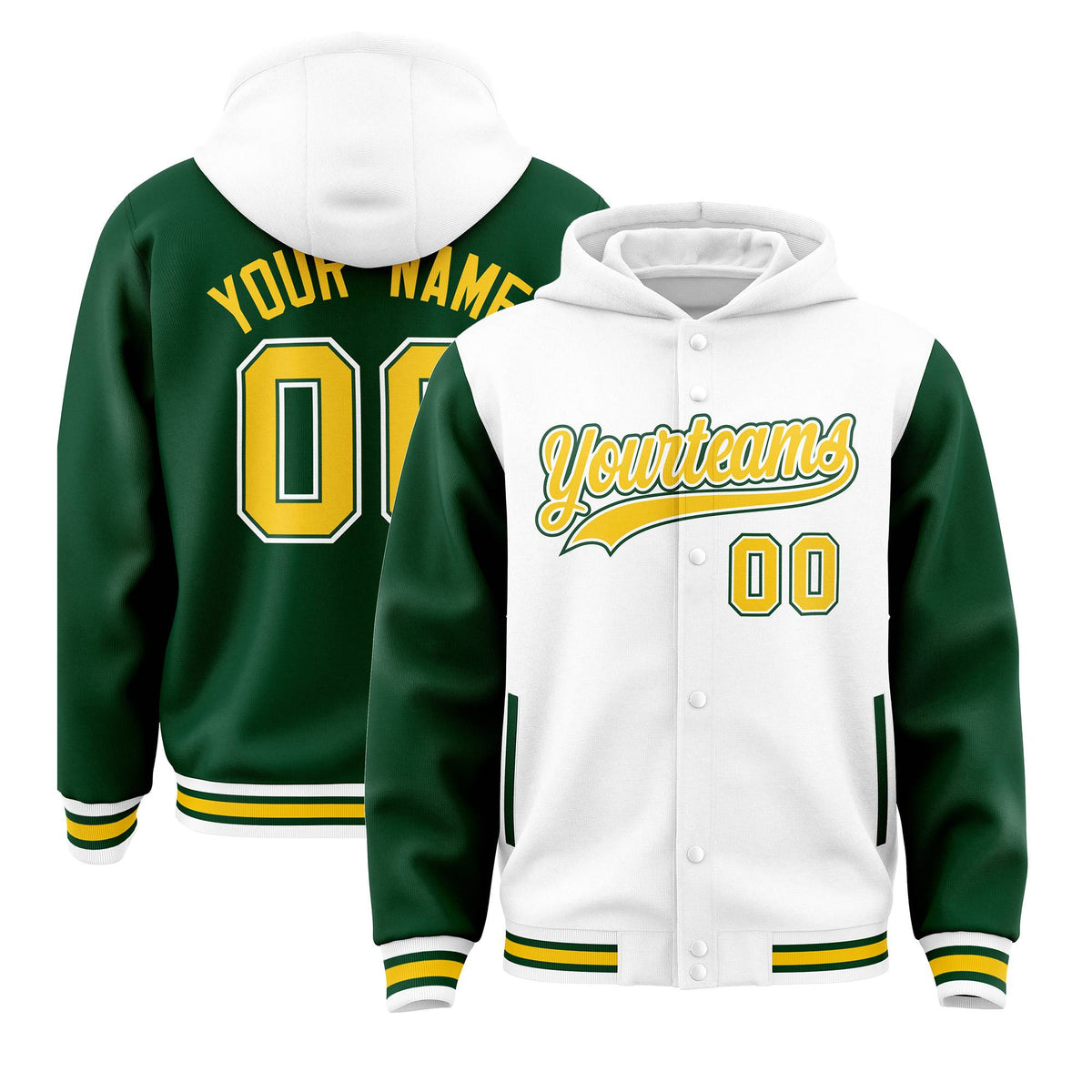 Custom White Green Raglan Sleeves Varsity Full-Snap Letterman Two Tone Jacket Hoodie| KXKSHOP