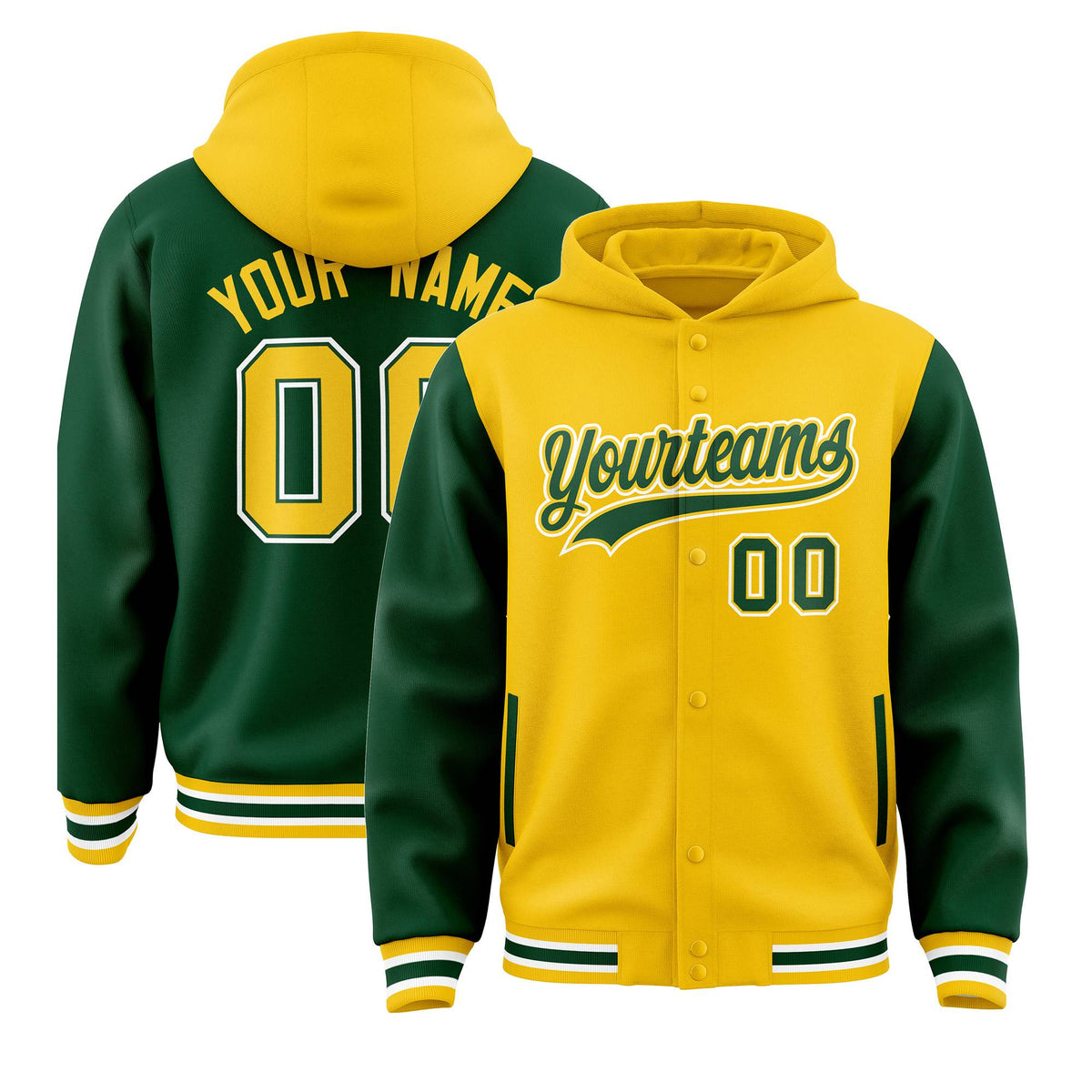 Custom Gold Green Raglan Sleeves Varsity Full-Snap Letterman Two Tone Jacket Hoodie| KXKSHOP