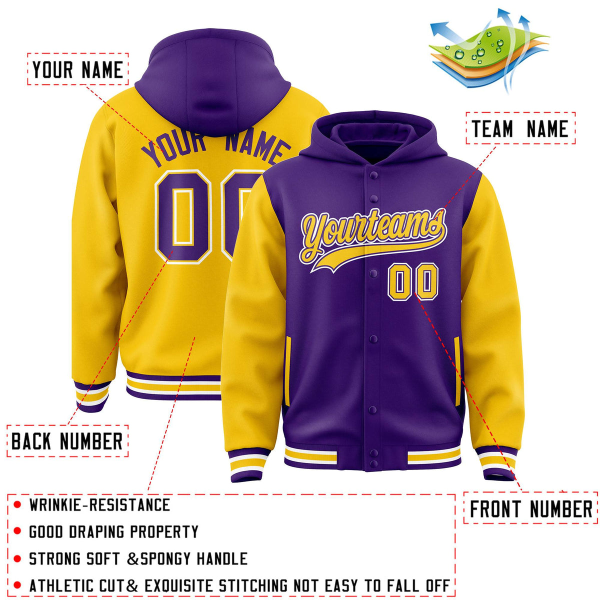 Custom Purple Gold Raglan Sleeves Varsity Full-Snap Letterman Two Tone Jacket Hoodie| KXKSHOP