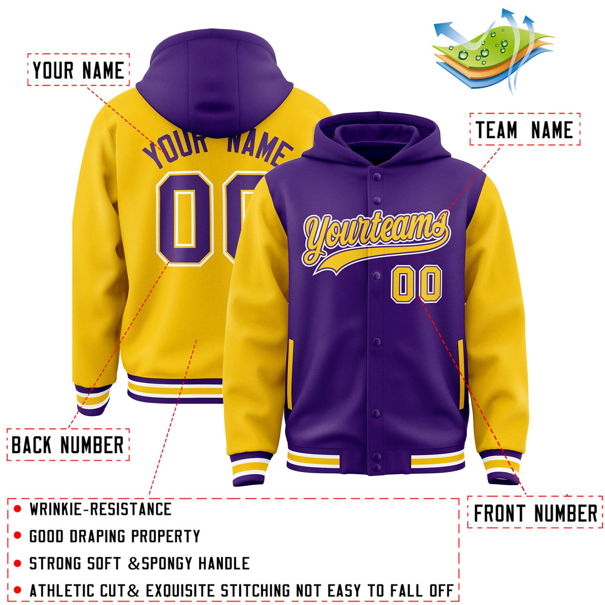 Custom Purple Gold Raglan Sleeves Varsity Full-Snap Letterman Two Tone Jacket Hoodie| KXKSHOP