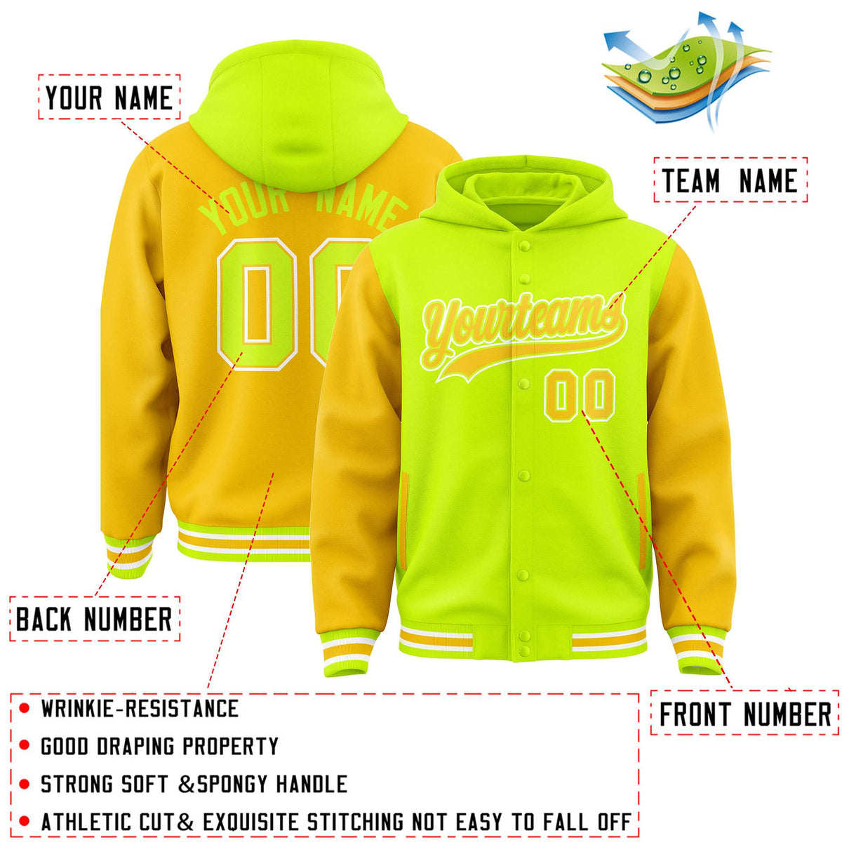 Custom Neon Green Gold Raglan Sleeves Varsity Full-Snap Letterman Two Tone Jacket Hoodie| KXKSHOP