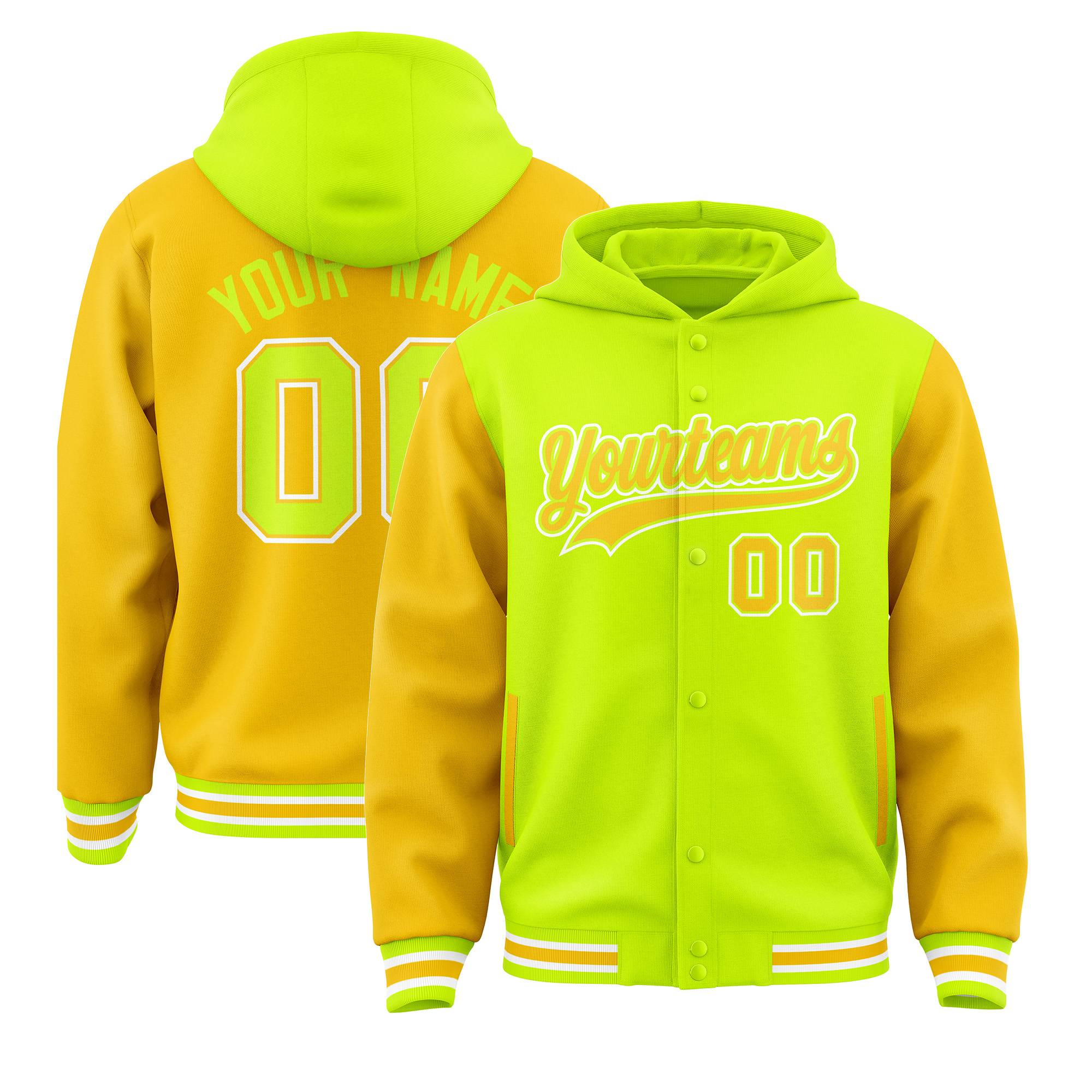 Custom Neon Green Gold Raglan Sleeves Varsity Full-Snap Letterman Two Tone Jacket Hoodie| KXKSHOP