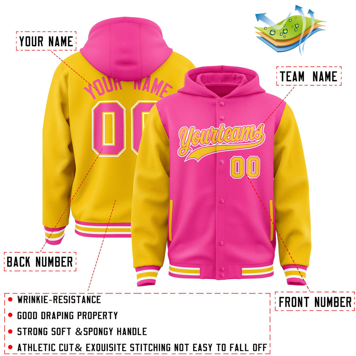 Custom Pink Gold Raglan Sleeves Varsity Full-Snap Letterman Two Tone Jacket Hoodie| KXKSHOP