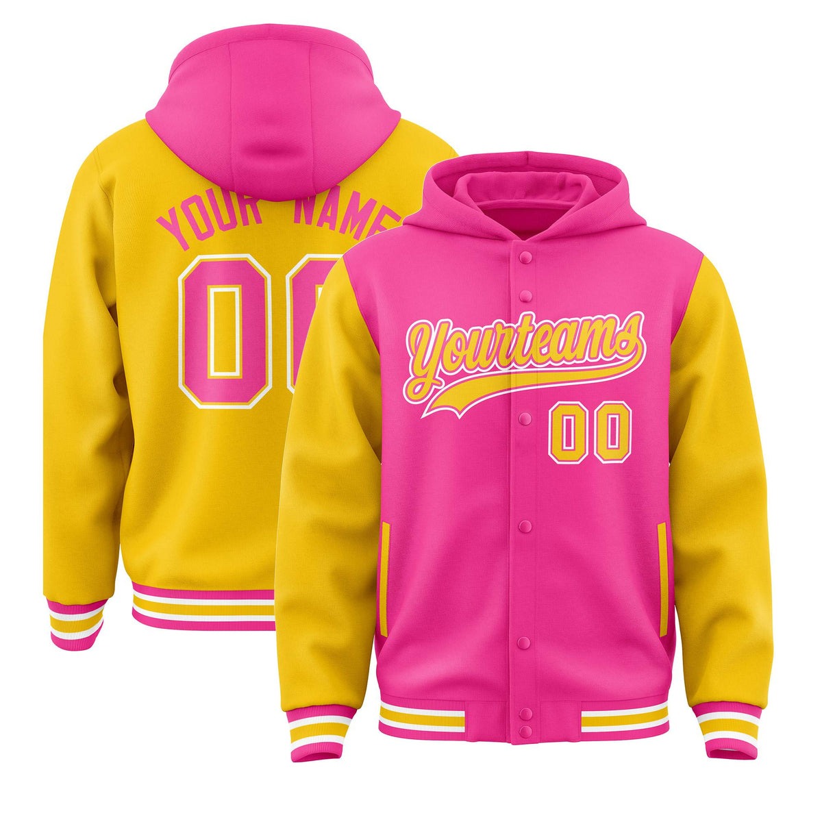 Custom Pink Gold Raglan Sleeves Varsity Full-Snap Letterman Two Tone Jacket Hoodie| KXKSHOP