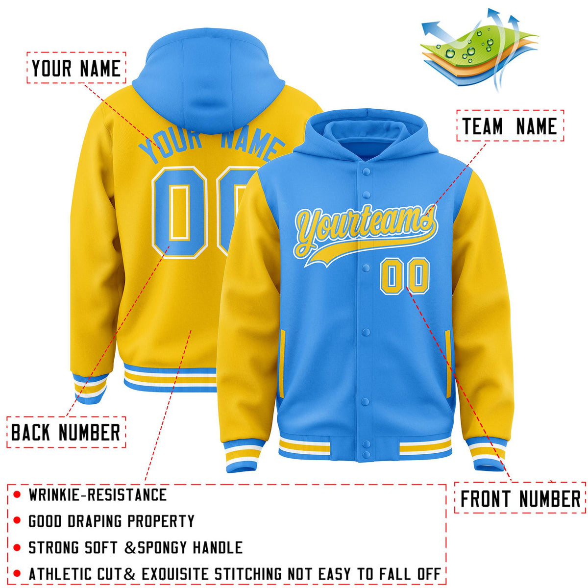 Custom Powder Blue Gold Raglan Sleeves Varsity Full-Snap Letterman Two Tone Jacket Hoodie| KXKSHOP