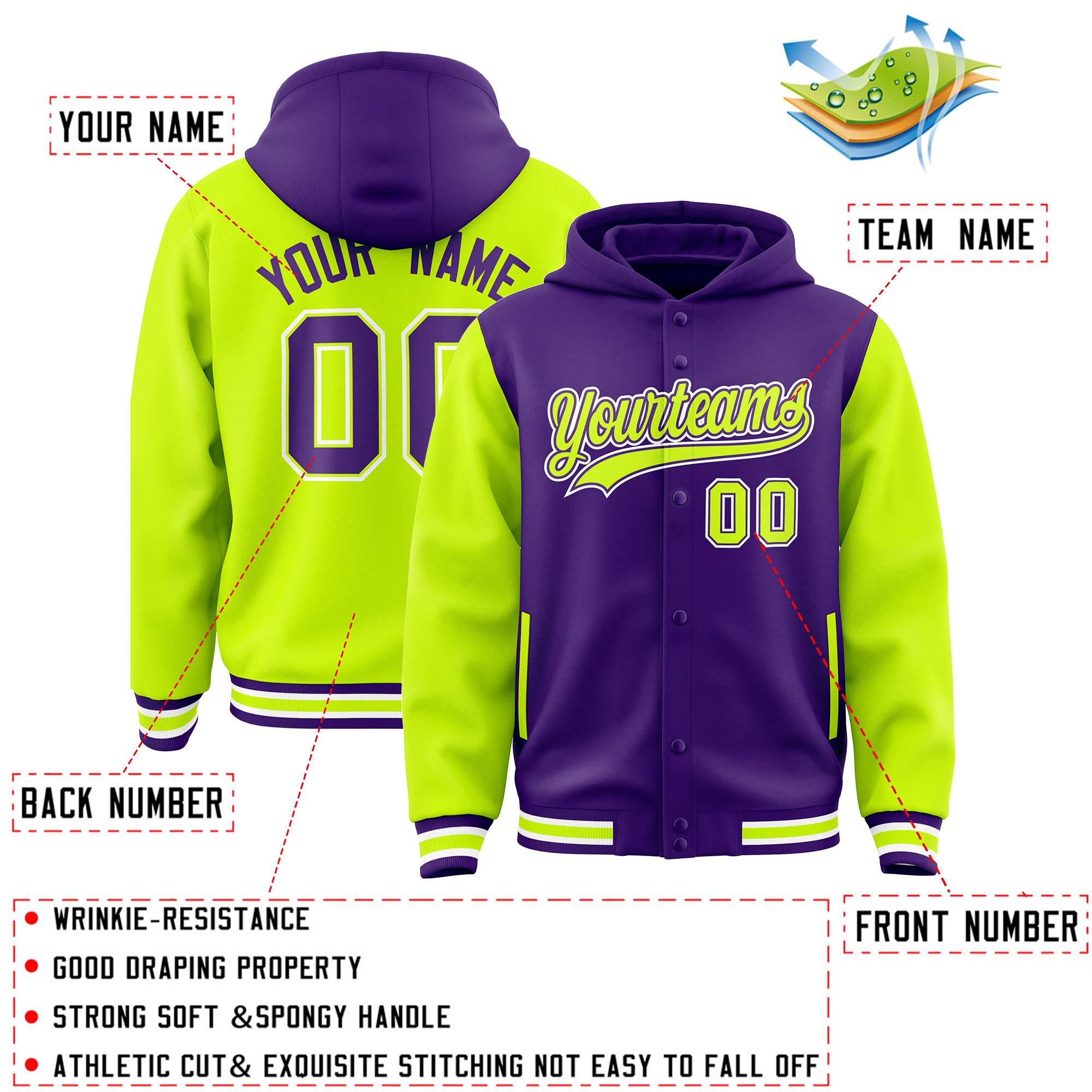 Custom Purple Neon Green Raglan Sleeves Varsity Full-Snap Letterman Two Tone Jacket Hoodie| KXKSHOP