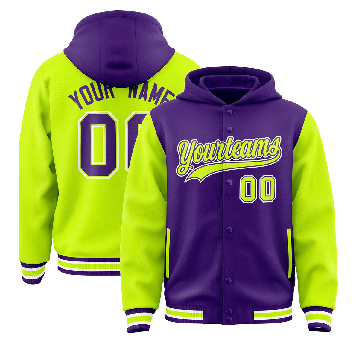 Custom Purple Neon Green Raglan Sleeves Varsity Full-Snap Letterman Two Tone Jacket Hoodie| KXKSHOP