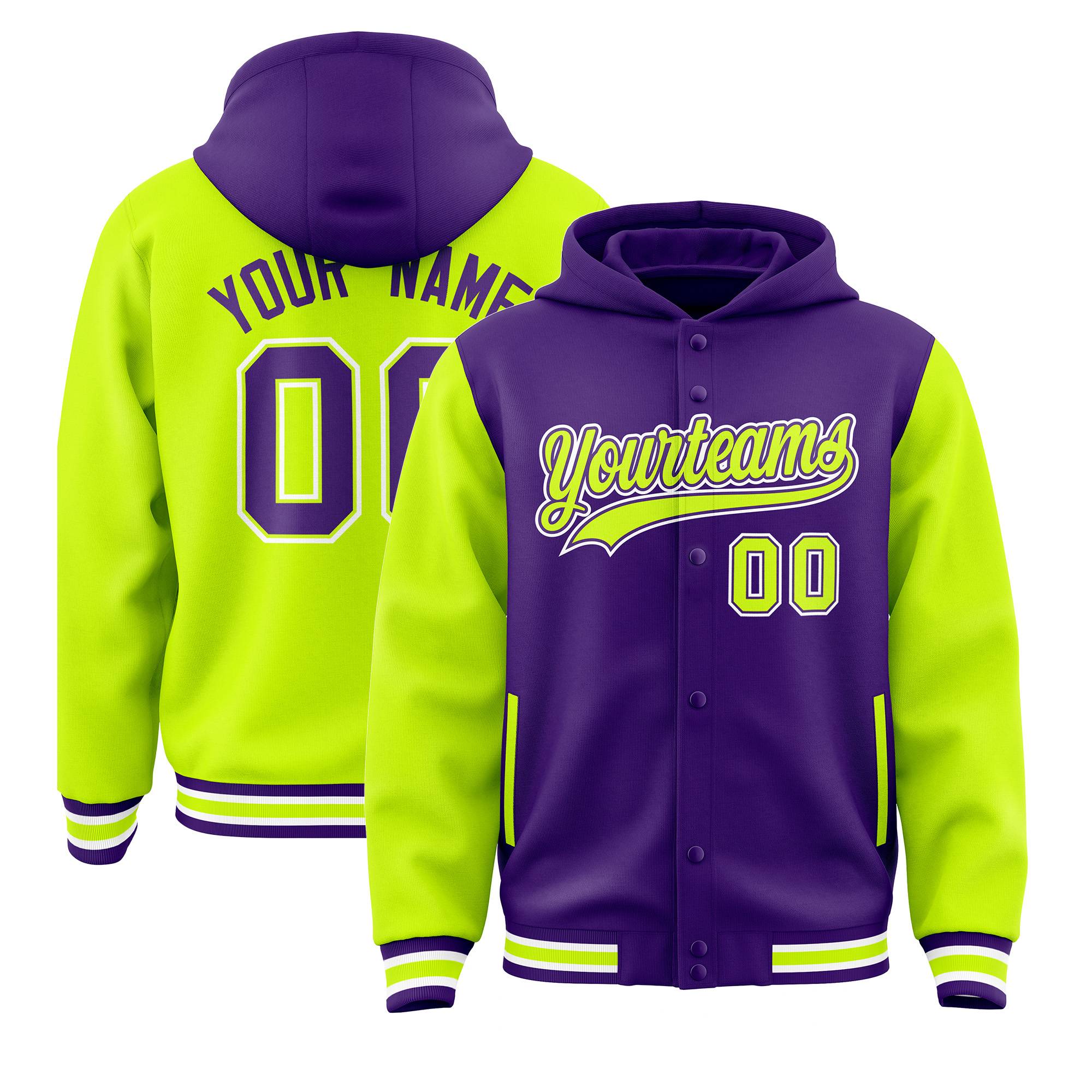 Custom Purple Neon Green Raglan Sleeves Varsity Full-Snap Letterman Two Tone Jacket Hoodie| KXKSHOP
