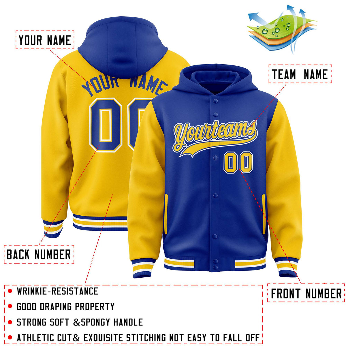 Custom Royal Gold Raglan Sleeves Varsity Full-Snap Letterman Two Tone Jacket Hoodie| KXKSHOP