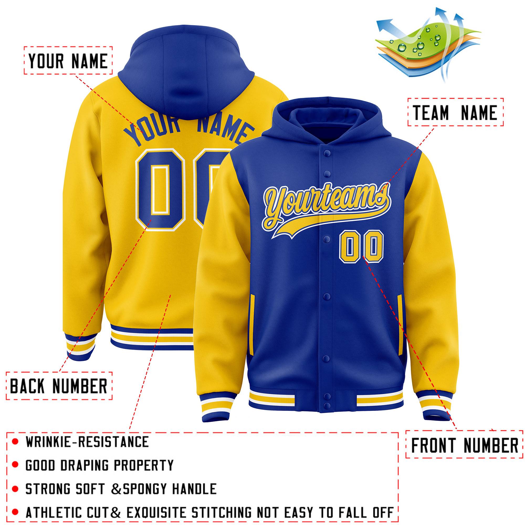 Custom Royal Gold Raglan Sleeves Varsity Full-Snap Letterman Two Tone Jacket Hoodie| KXKSHOP