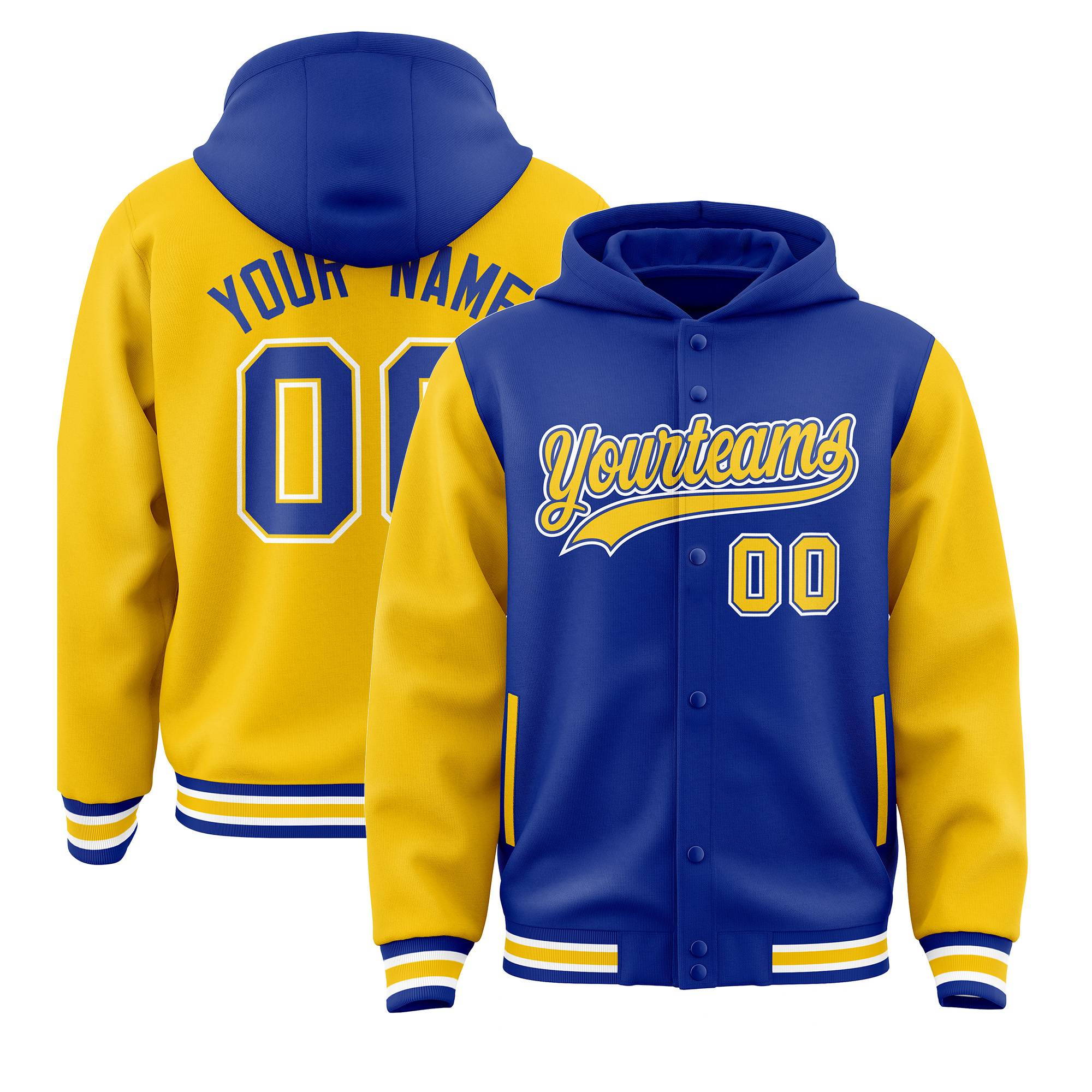 Custom Royal Gold Raglan Sleeves Varsity Full-Snap Letterman Two Tone Jacket Hoodie| KXKSHOP