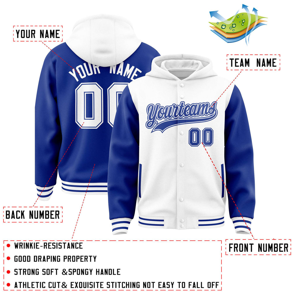 Custom White Royal Raglan Sleeves Varsity Full-Snap Letterman Two Tone Jacket Hoodie| KXKSHOP