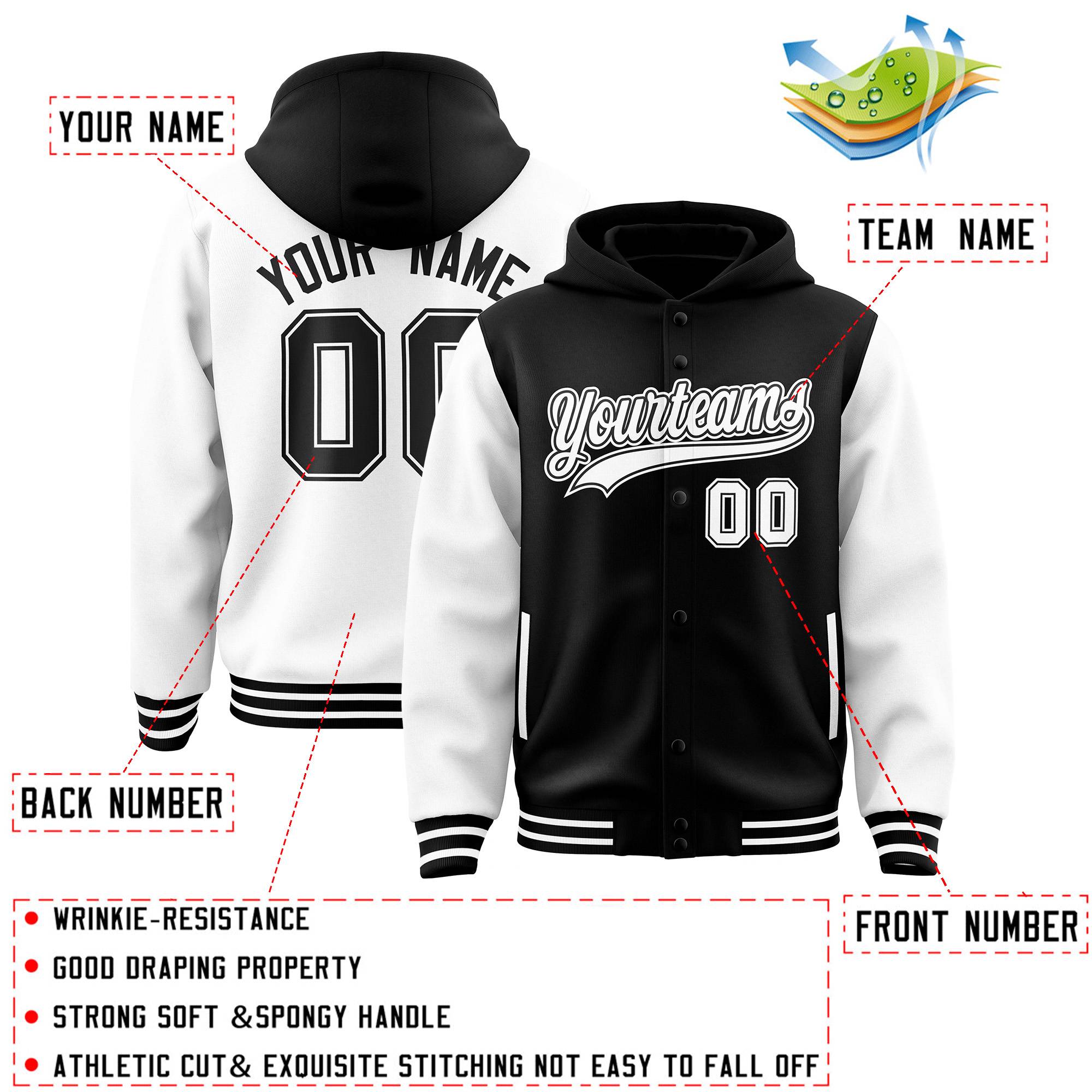 Custom Black White Raglan Sleeves Varsity Full-Snap Letterman Two Tone Jacket Hoodie| KXKSHOP