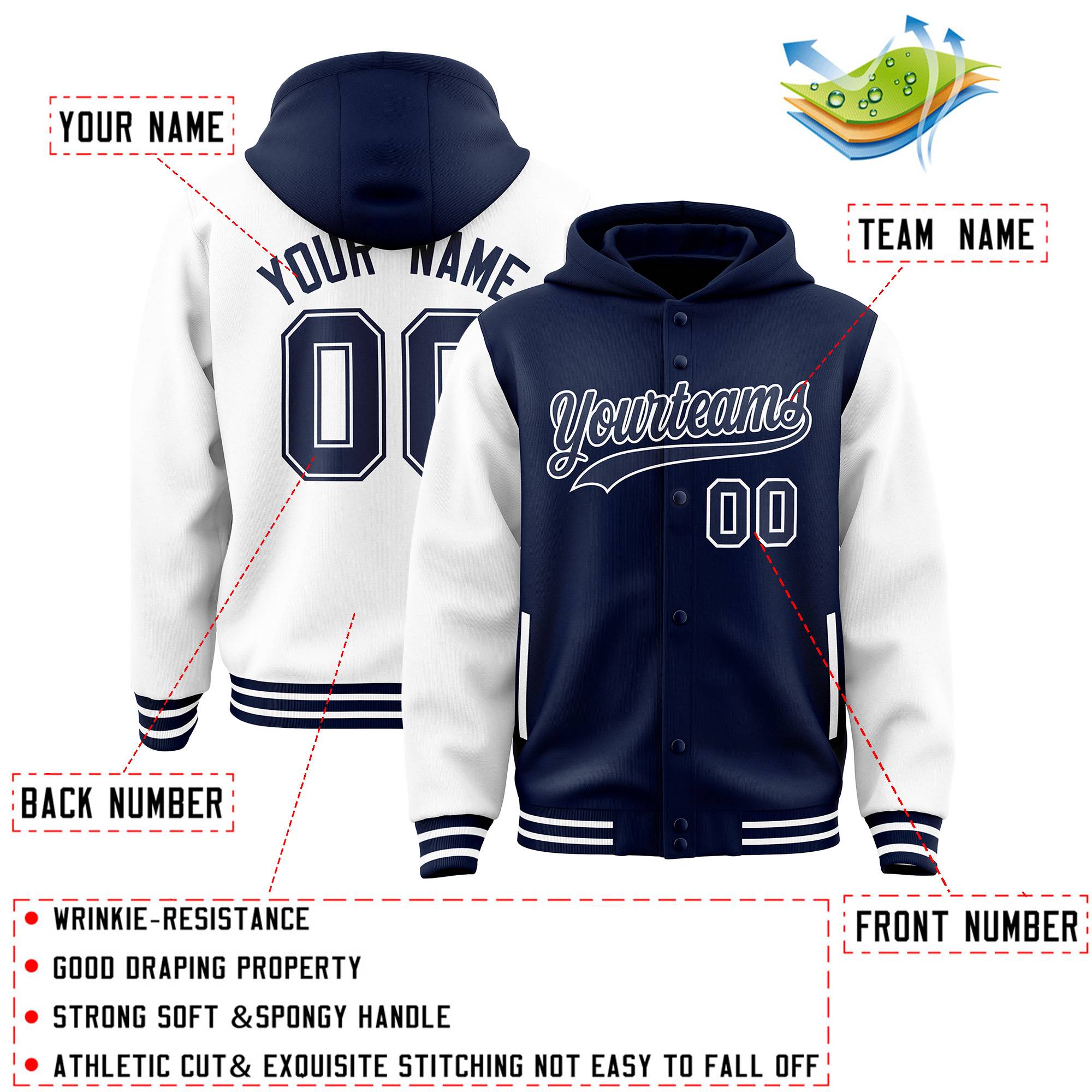 Custom Navy White Raglan Sleeves Varsity Full-Snap Letterman Two Tone Jacket Hoodie| KXKSHOP