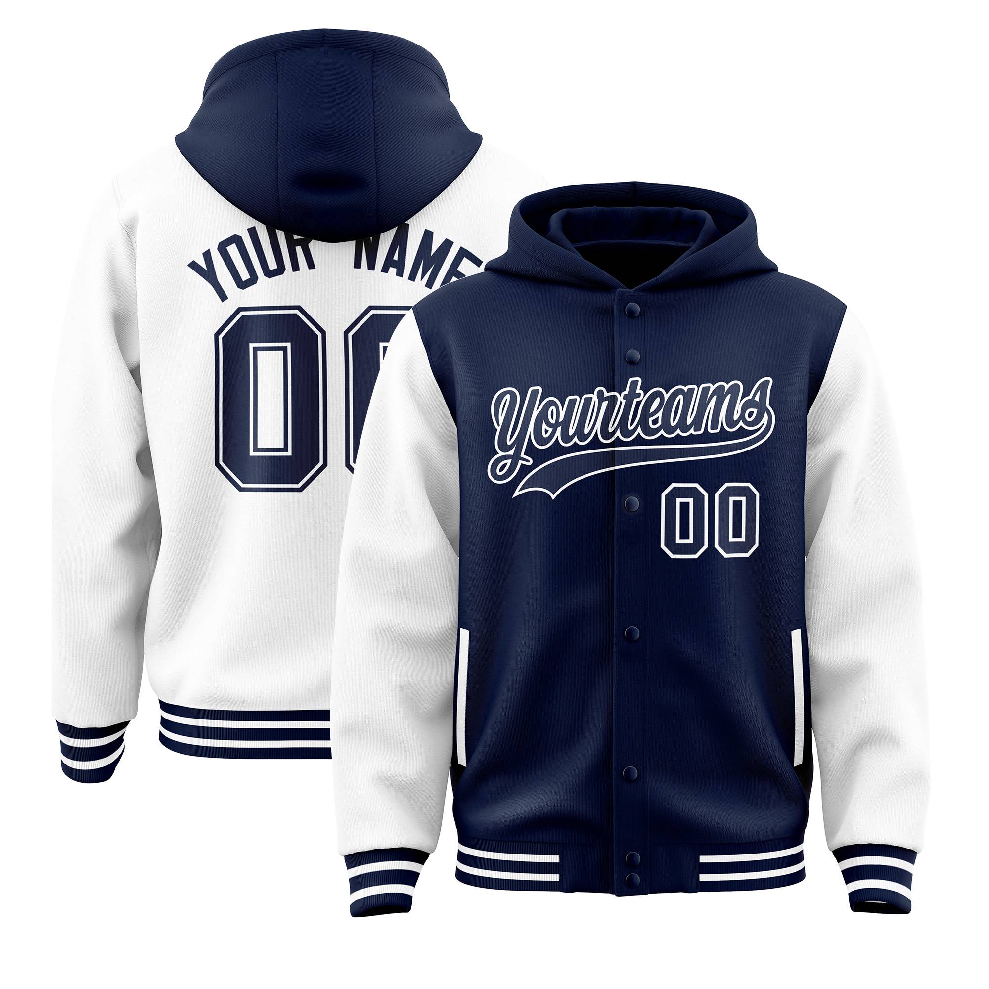 Custom Navy White Raglan Sleeves Varsity Full-Snap Letterman Two Tone Jacket Hoodie| KXKSHOP