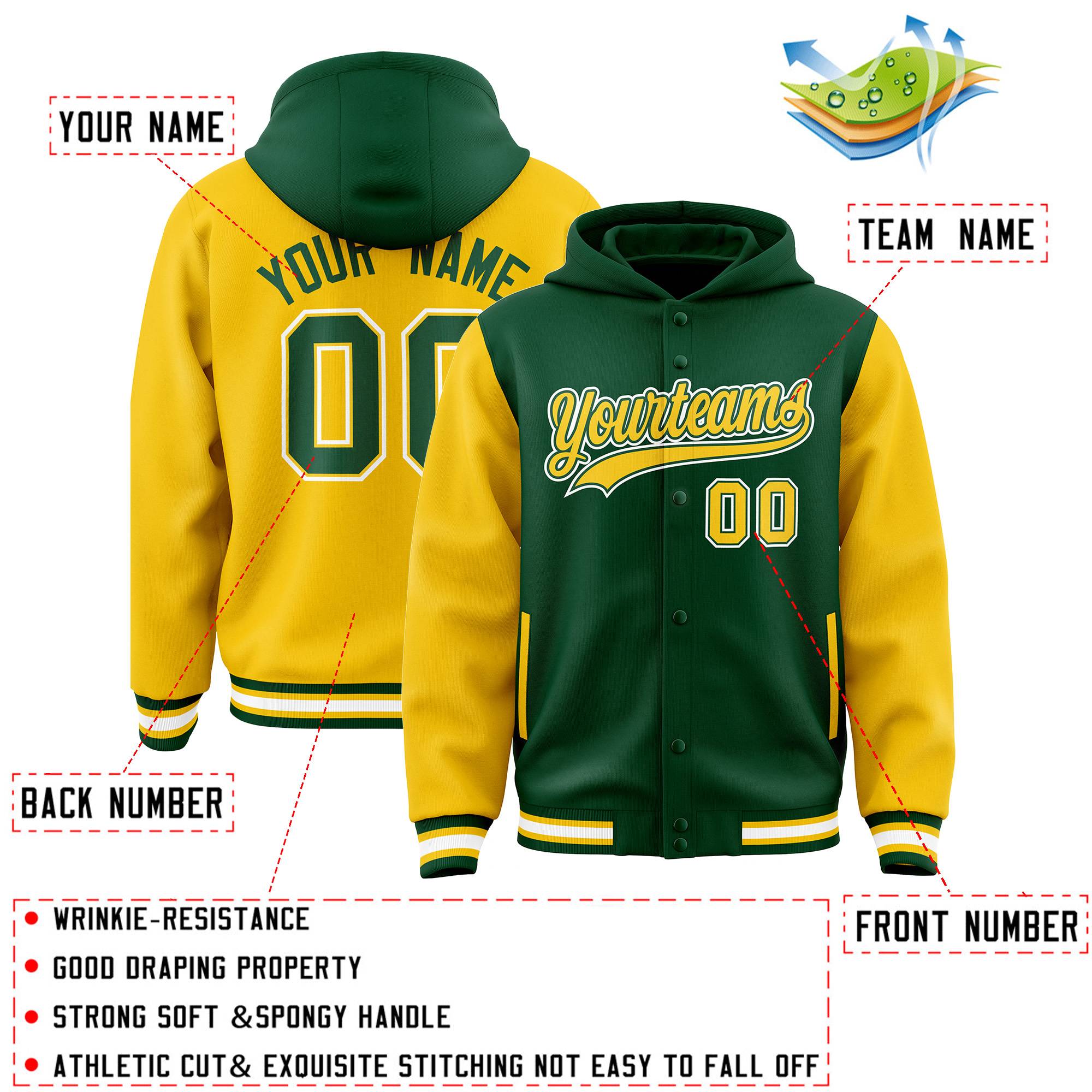Custom Green Gold Raglan Sleeves Varsity Full-Snap Letterman Two Tone Jacket Hoodie| KXKSHOP
