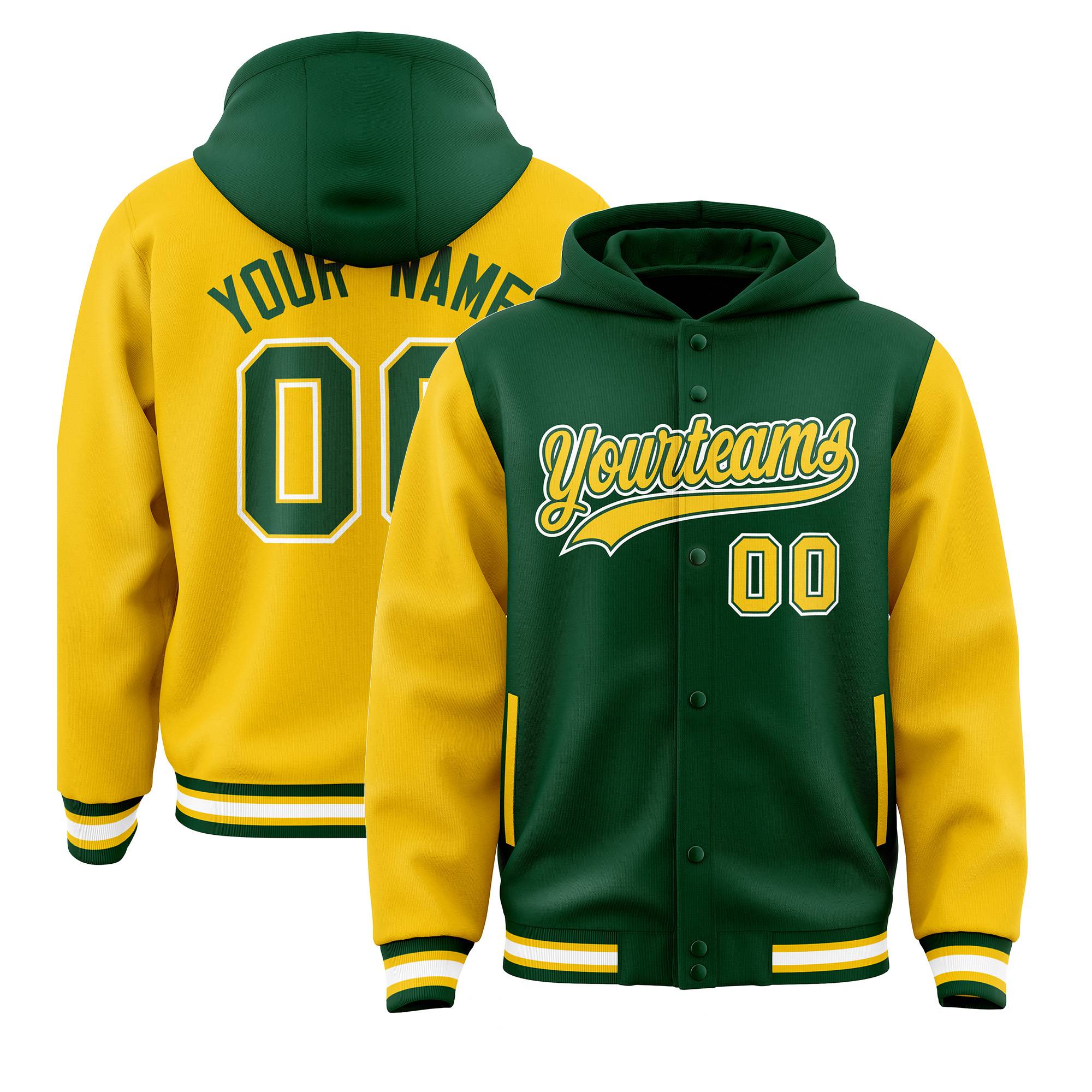 Custom Green Gold Raglan Sleeves Varsity Full-Snap Letterman Two Tone Jacket Hoodie| KXKSHOP