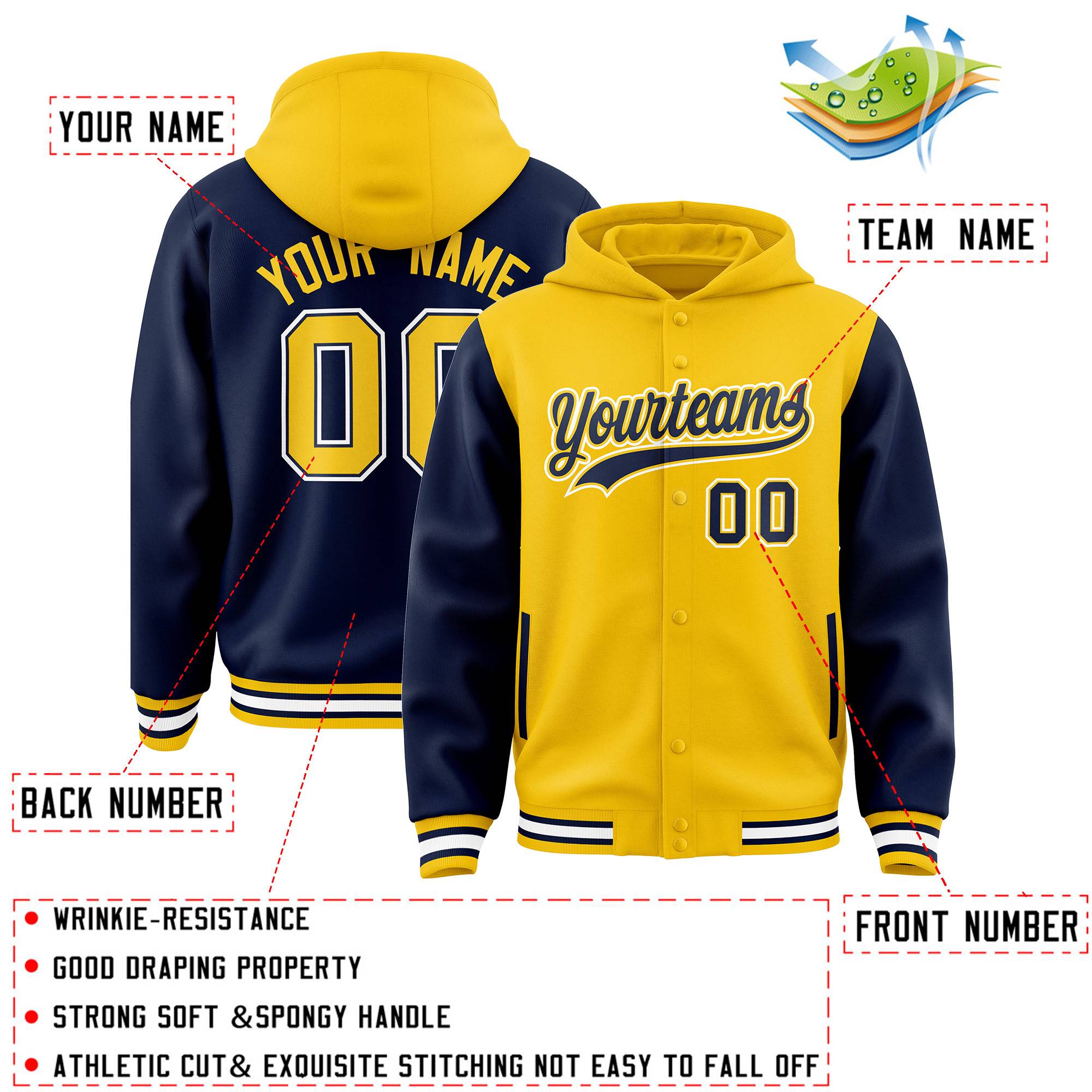 Custom Gold Navy Raglan Sleeves Varsity Full-Snap Letterman Two Tone Jacket Hoodie| KXKSHOP