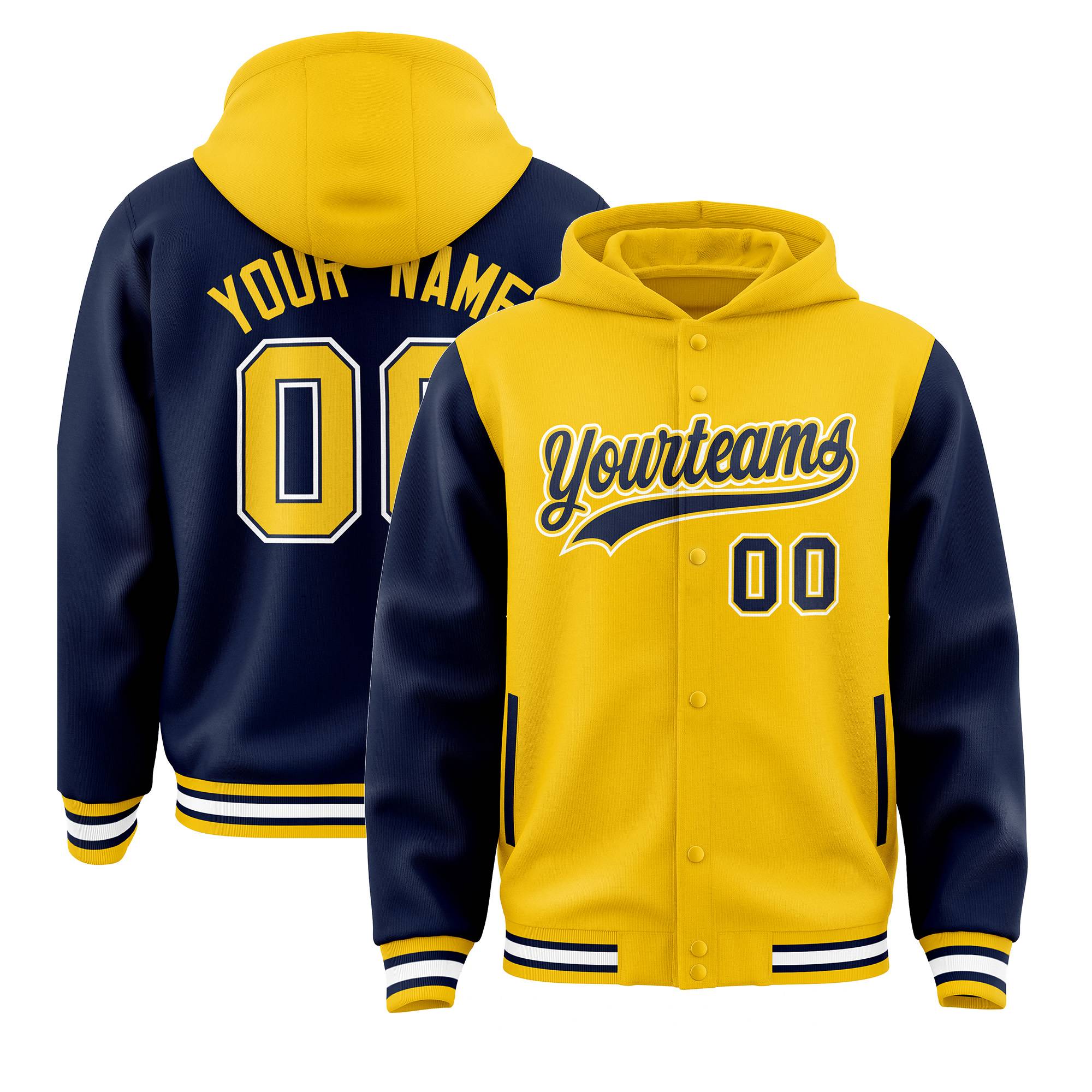 Custom Gold Navy Raglan Sleeves Varsity Full-Snap Letterman Two Tone Jacket Hoodie| KXKSHOP