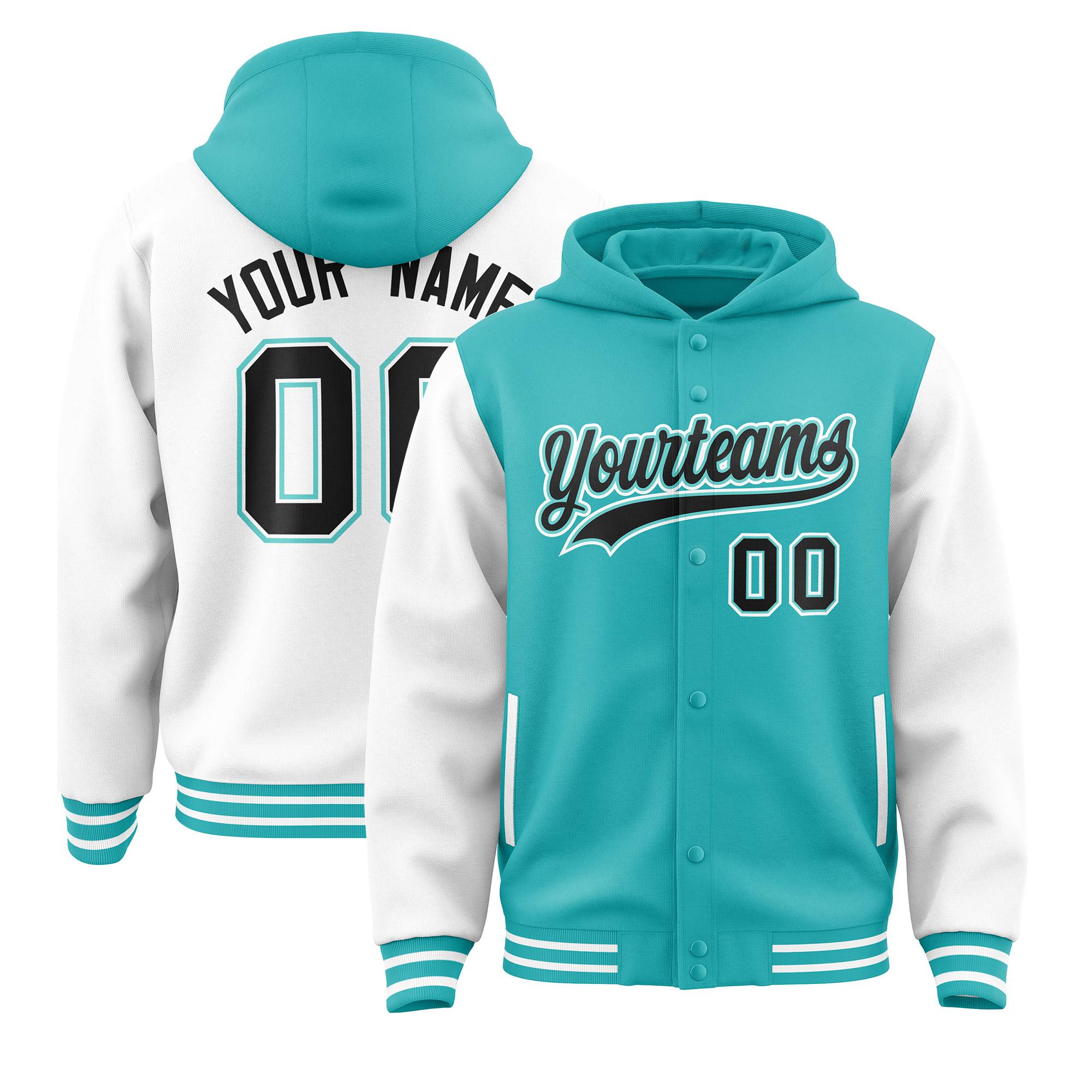 Custom Aqua White Raglan Sleeves Varsity Full-Snap Letterman Two Tone Jacket Hoodie| KXKSHOP
