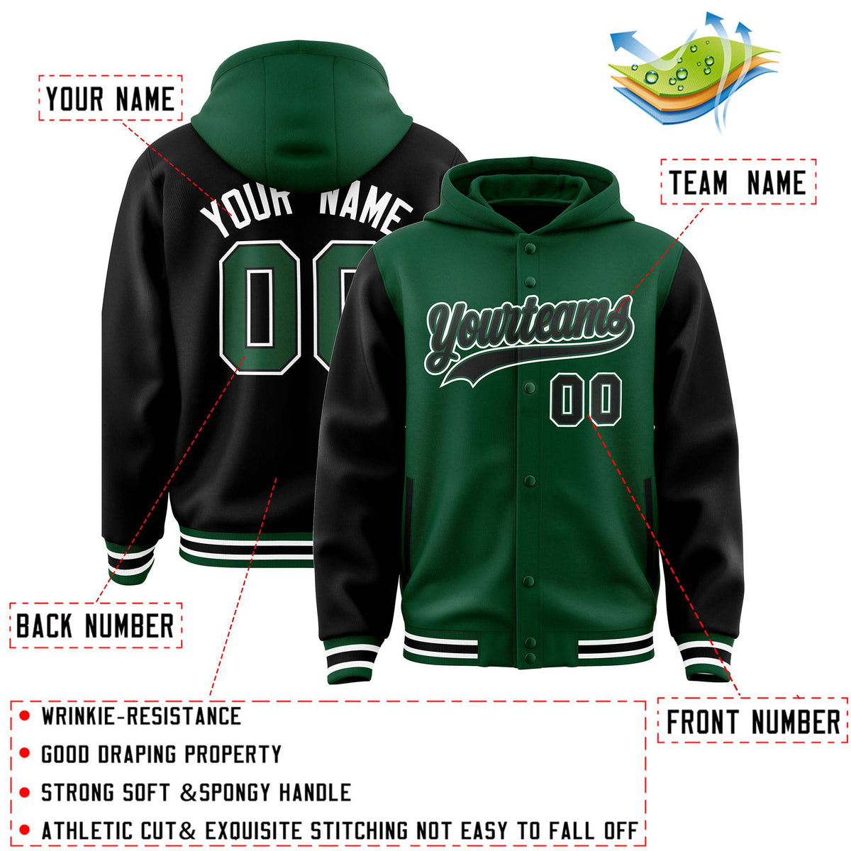 Custom Green Black Raglan Sleeves Varsity Full-Snap Letterman Two Tone Jacket Hoodie| KXKSHOP