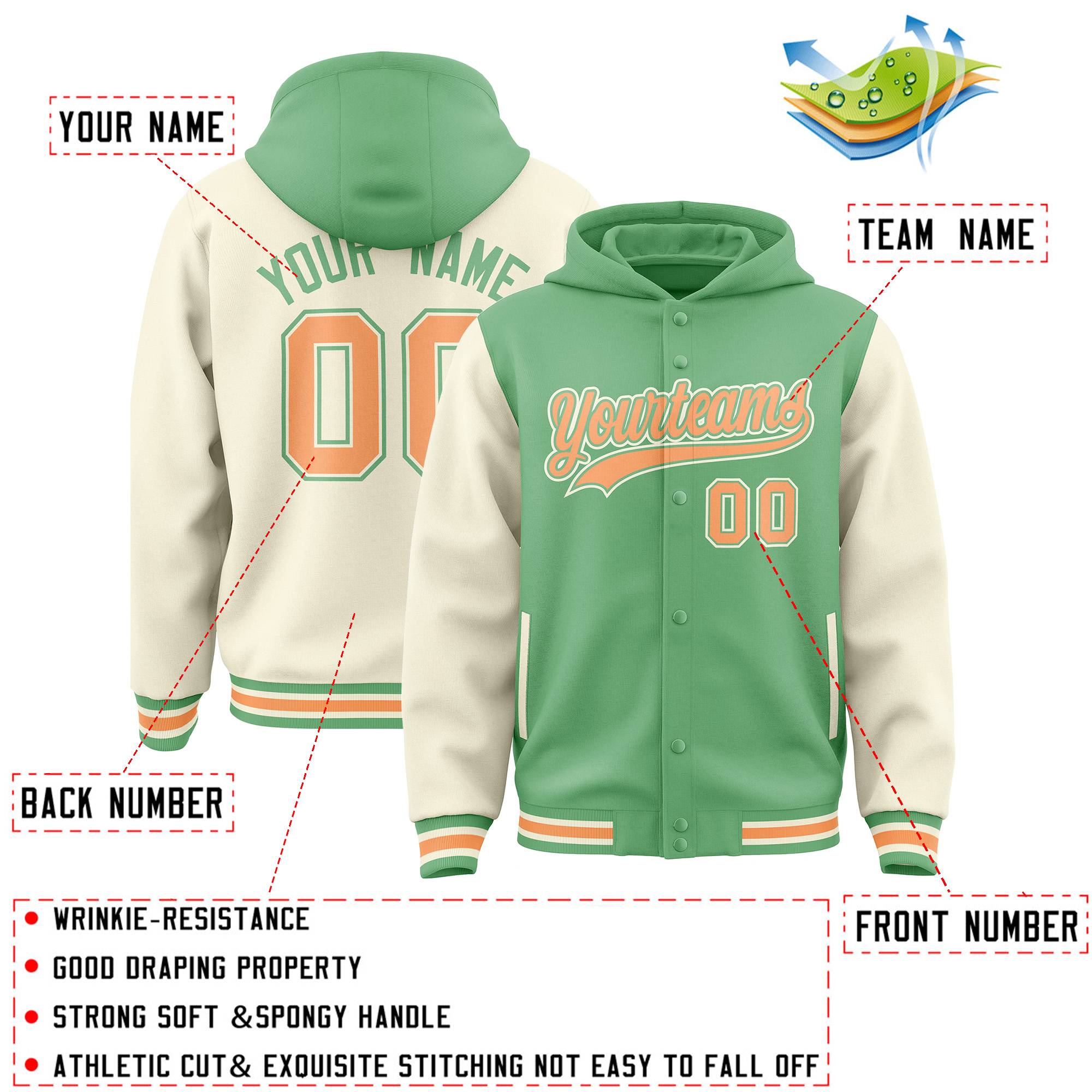 Custom Green Cream Raglan Sleeves Varsity Full-Snap Letterman Two Tone Jacket Hoodie| KXKSHOP