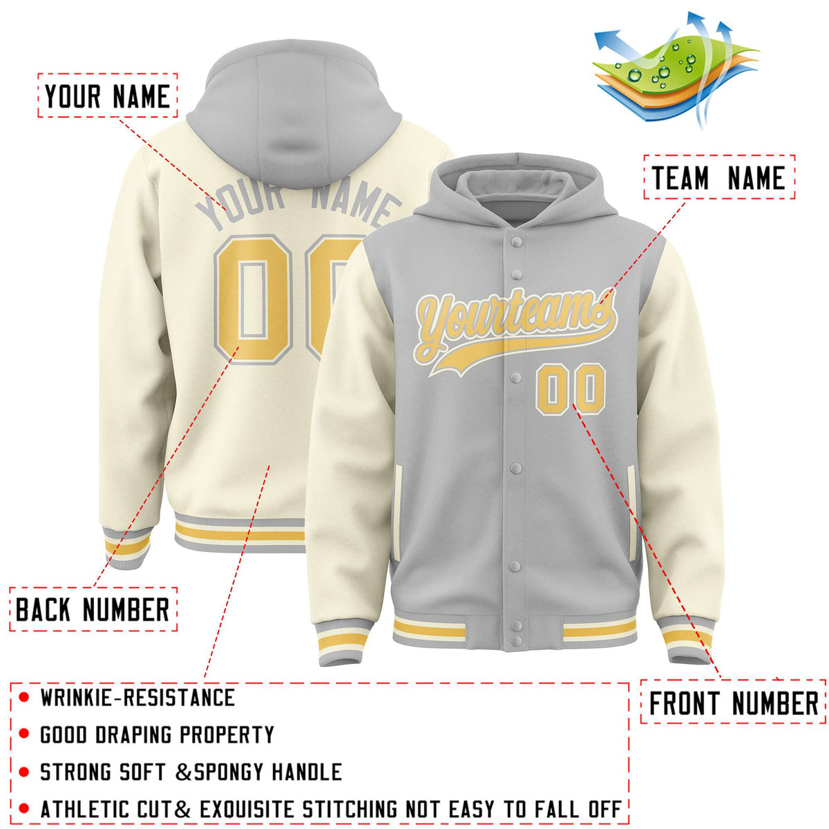 Custom Gray Cream Raglan Sleeves Varsity Full-Snap Letterman Two Tone Jacket Hoodie| KXKSHOP