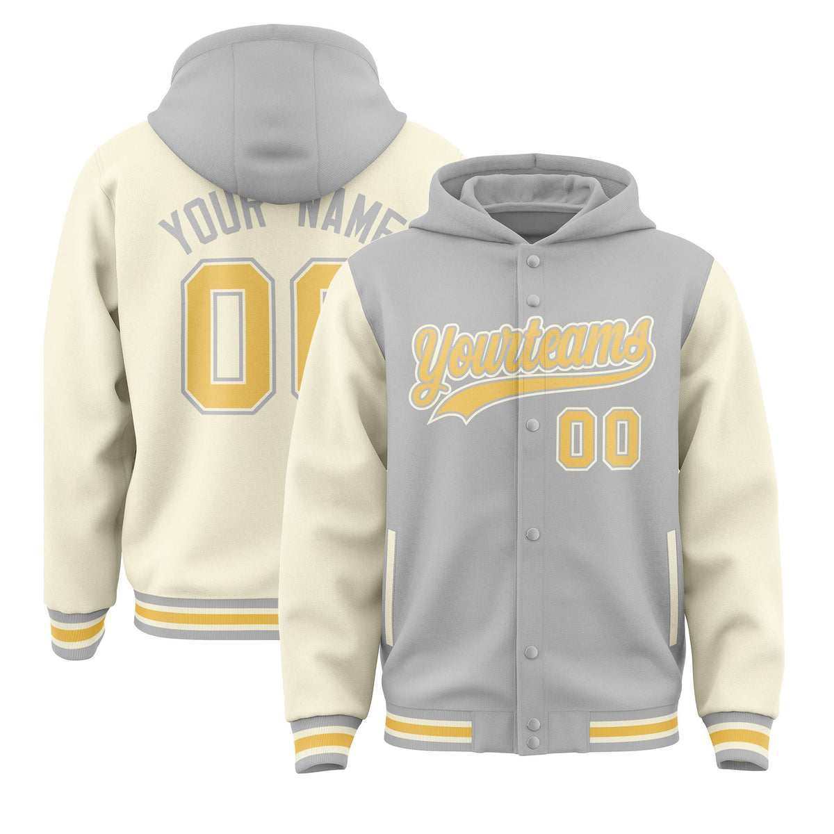 Custom Gray Cream Raglan Sleeves Varsity Full-Snap Letterman Two Tone Jacket Hoodie| KXKSHOP