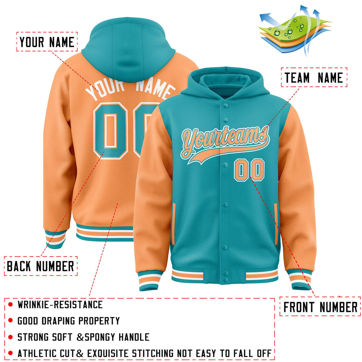Custom Aqua Orange Raglan Sleeves Varsity Full-Snap Letterman Two Tone Jacket Hoodie| KXKSHOP