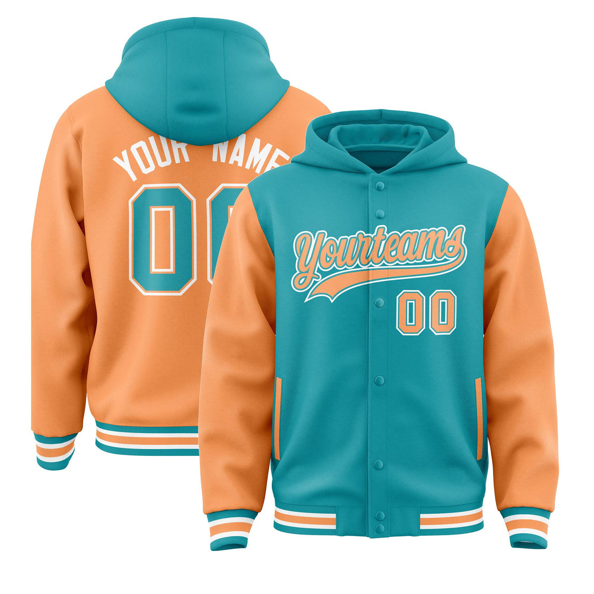Custom Aqua Orange Raglan Sleeves Varsity Full-Snap Letterman Two Tone Jacket Hoodie| KXKSHOP