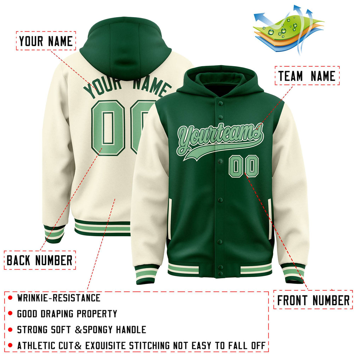 Custom Green Cream Raglan Sleeves Varsity Full-Snap Letterman Two Tone Jacket Hoodie| KXKSHOP