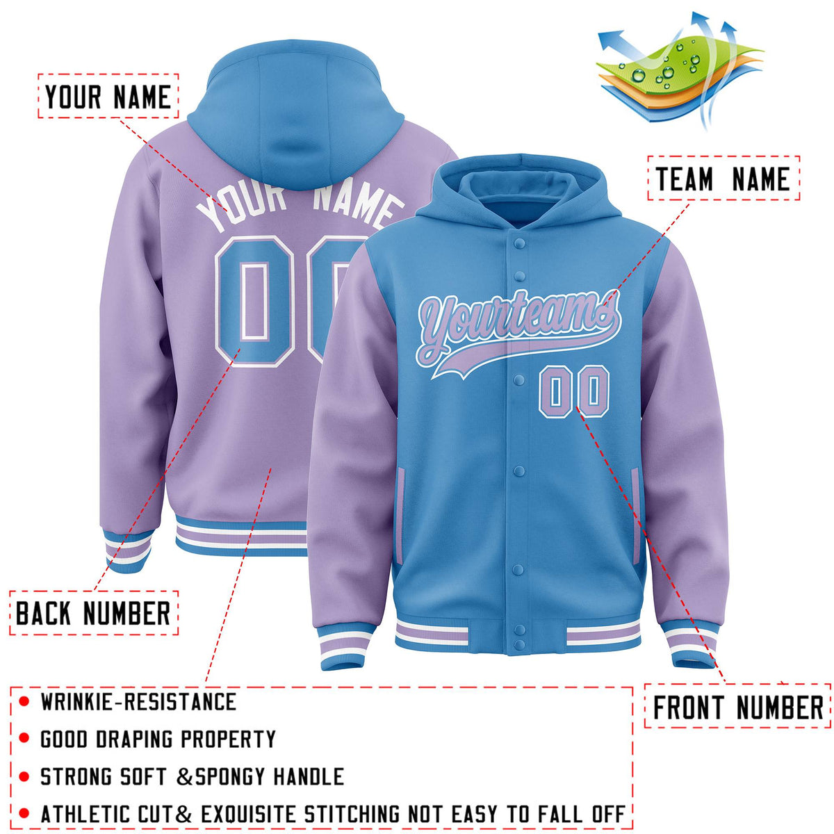 Custom Powder Blue Light Purple Raglan Sleeves Varsity Full-Snap Letterman Two Tone Jacket Hoodie| KXKSHOP