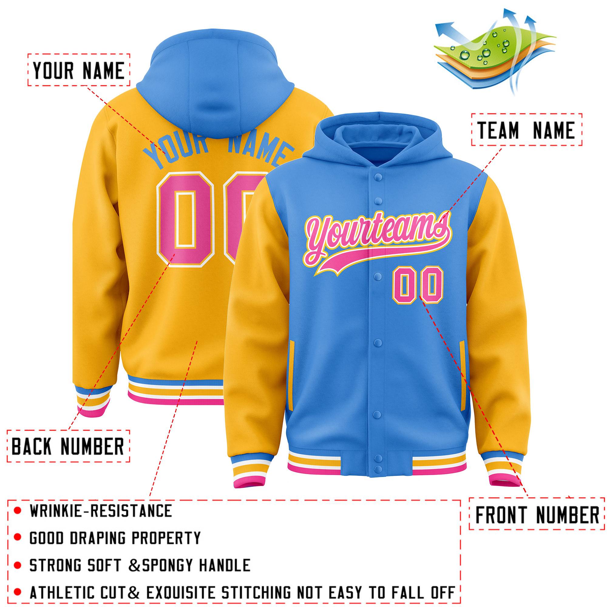 Custom Powder Blue Gold Raglan Sleeves Varsity Full-Snap Letterman Two Tone Jacket Hoodie| KXKSHOP