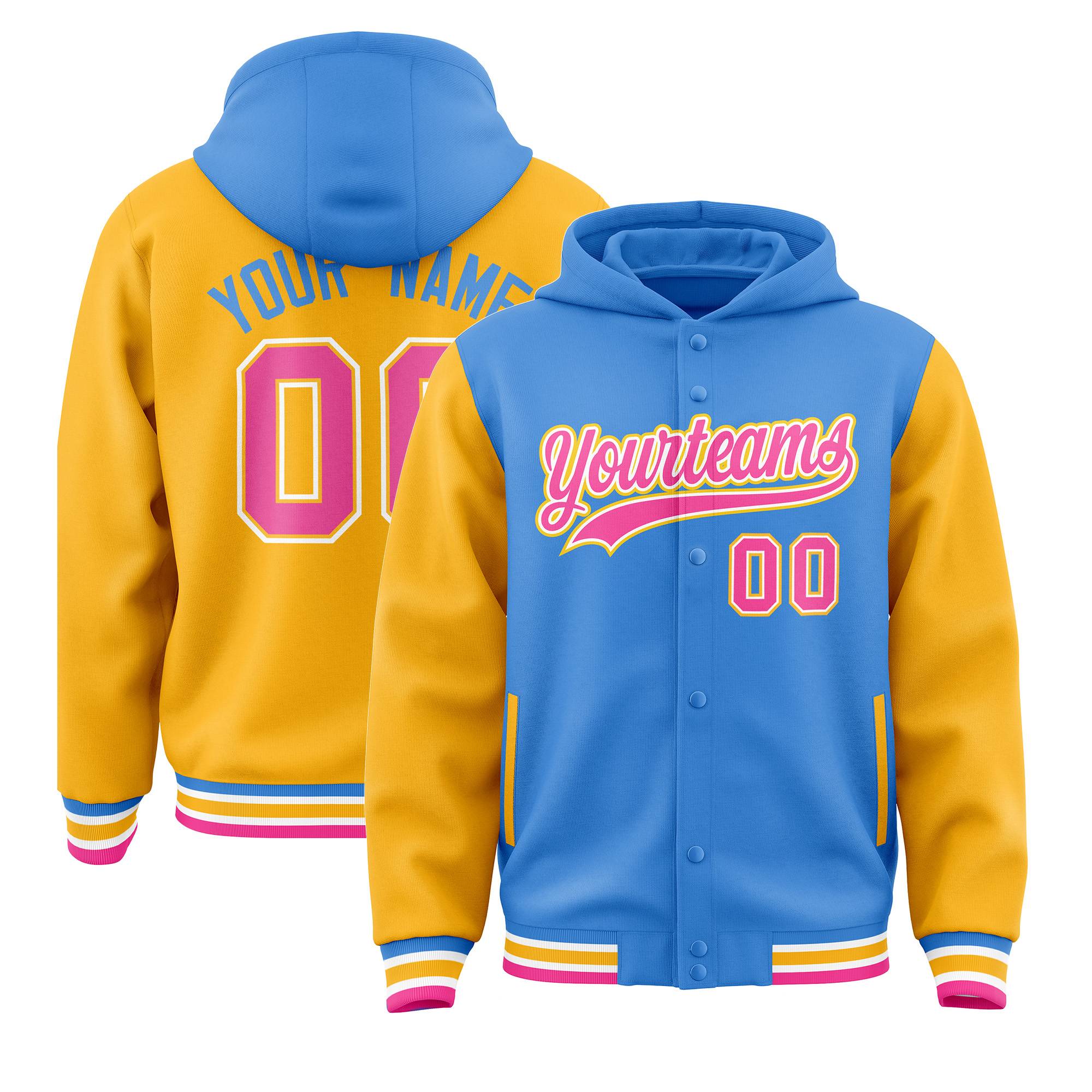 Custom Powder Blue Gold Raglan Sleeves Varsity Full-Snap Letterman Two Tone Jacket Hoodie| KXKSHOP