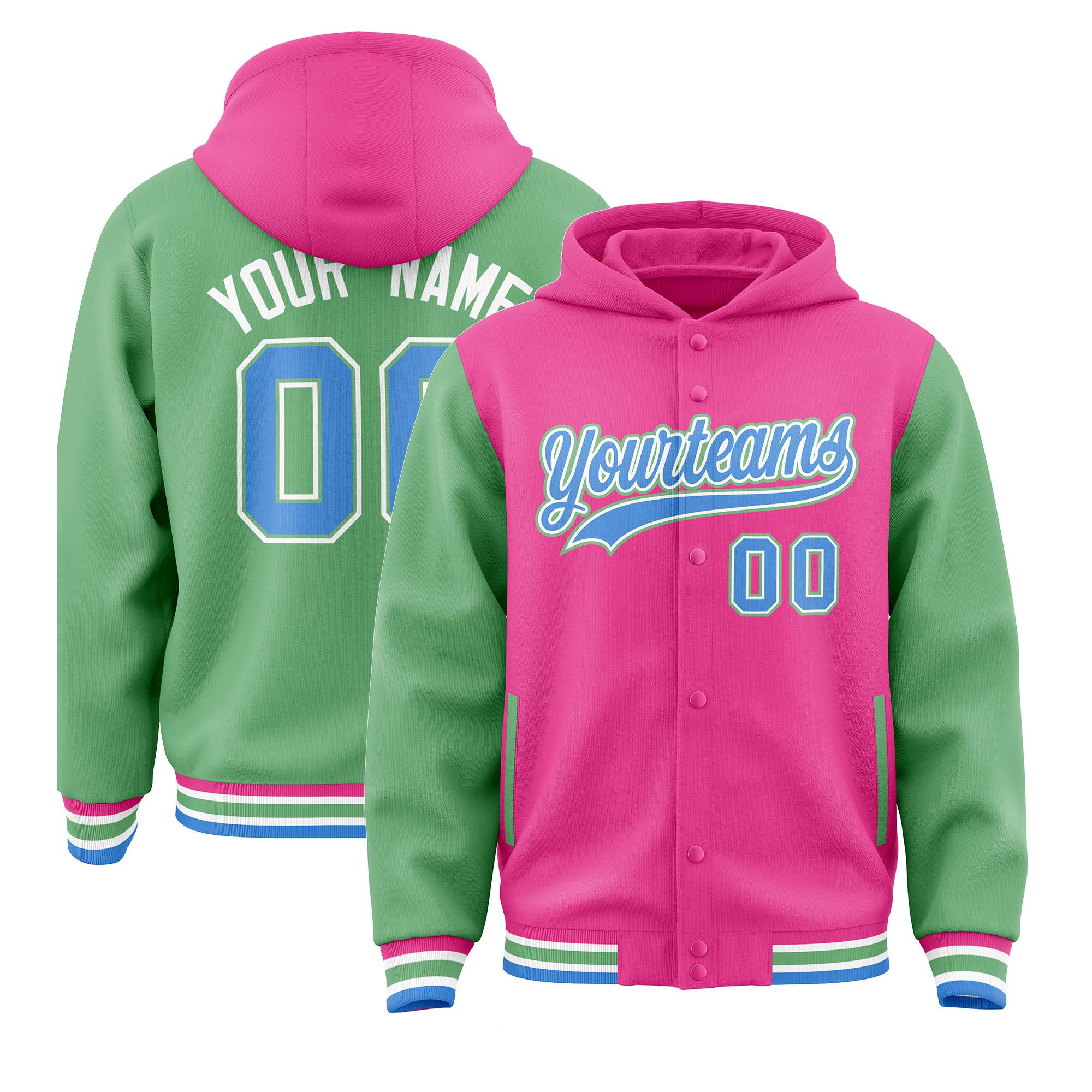 Custom Pink Green Raglan Sleeves Varsity Full-Snap Letterman Two Tone Jacket Hoodie| KXKSHOP